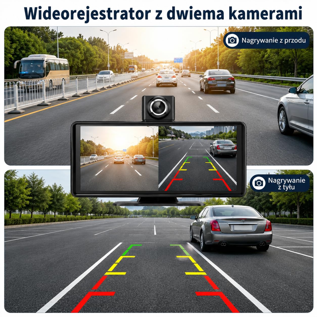 10,26" Przenośny Ekran Samochodowy z Bezprzewodową Obsługą CarPlay i Android Auto, Ekran Dotykowy do Samochodu z Kamerą do 4K i Kamerą Cofania 1080P, Bluetooth/FM/AUX, Mirror Link