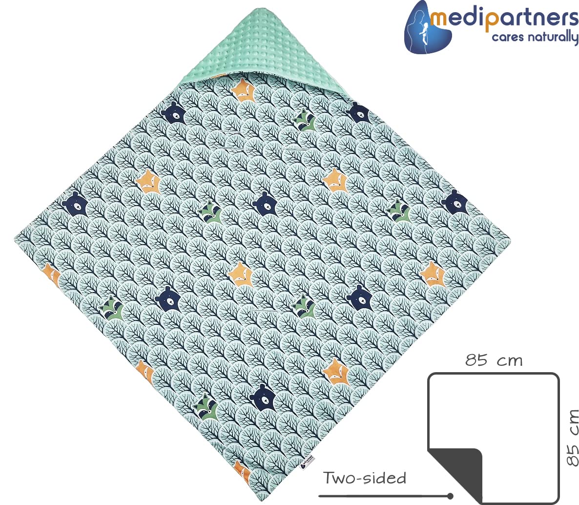 Medi Partners Swaddling Blanket 100% Cotton 85x85cm Double-Sided Multifunctional Plush Blanket With a hood for Pushchairs Soft Fluffy (Forest with mint Minky) - Image 3