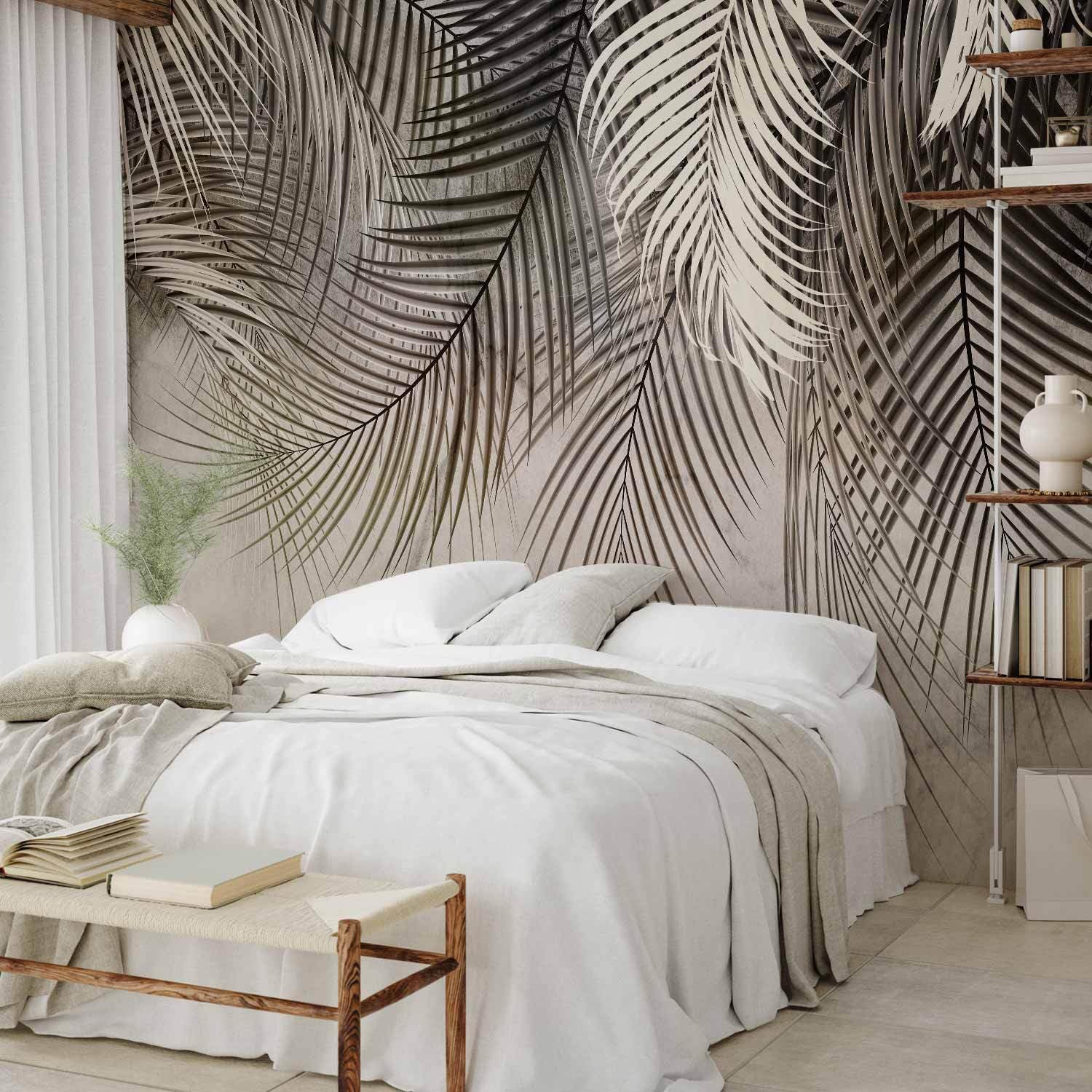 decomonkey carta da parati Foglie Arte Grafica Astratto Marmo, 400x280 cm | fotomurale in tessuto non tessuto, effetto pietra, lascia, natura, beige
