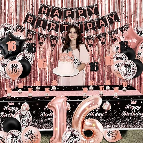 Miniatura 35 de Decoraciones de fiesta de oro rosa y negro – Cartel de feliz cumpleaños, globos, cortinas de flecos, mantel y decoración de pastel para niñas de 1