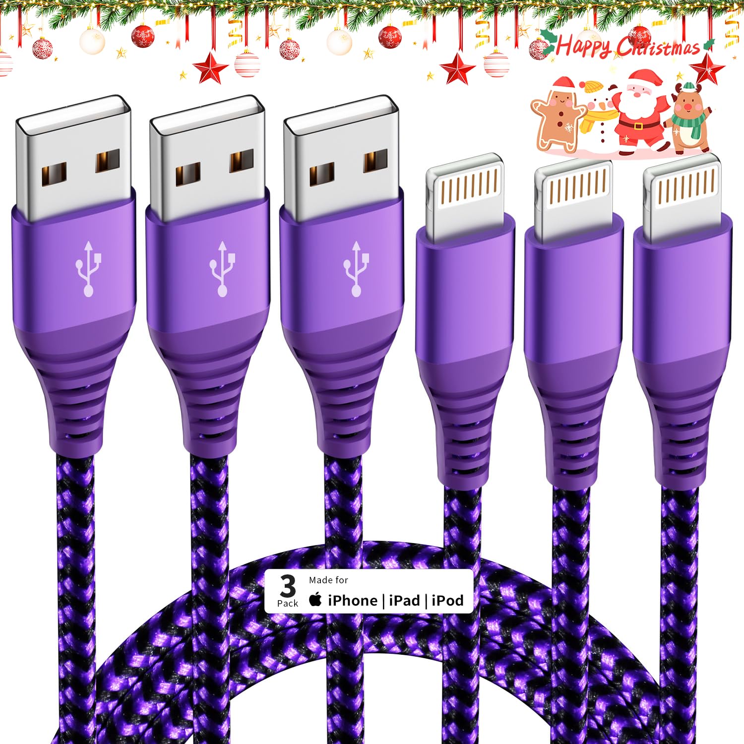 [MFi Certified] iPhone Charger, 3Pack 6FT Lt Cable Nylon Braided iPhone Charger Cord Compatible with iPhone14/13/12/11/Pro Max/XR/XS/X/8/7/6, iPad and More - Purple& Black