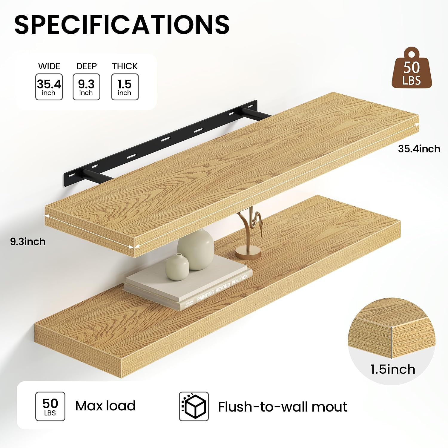 Heimlove Floating Shelves for Wall 36 Inches Long,9.3" Deep Oak Floating Shelf Set of 2,Wall Mounted Shelves for Bathroom Bedroom Living Room Kitchen Office,Shelf for Books Storage,Home Decor image 3