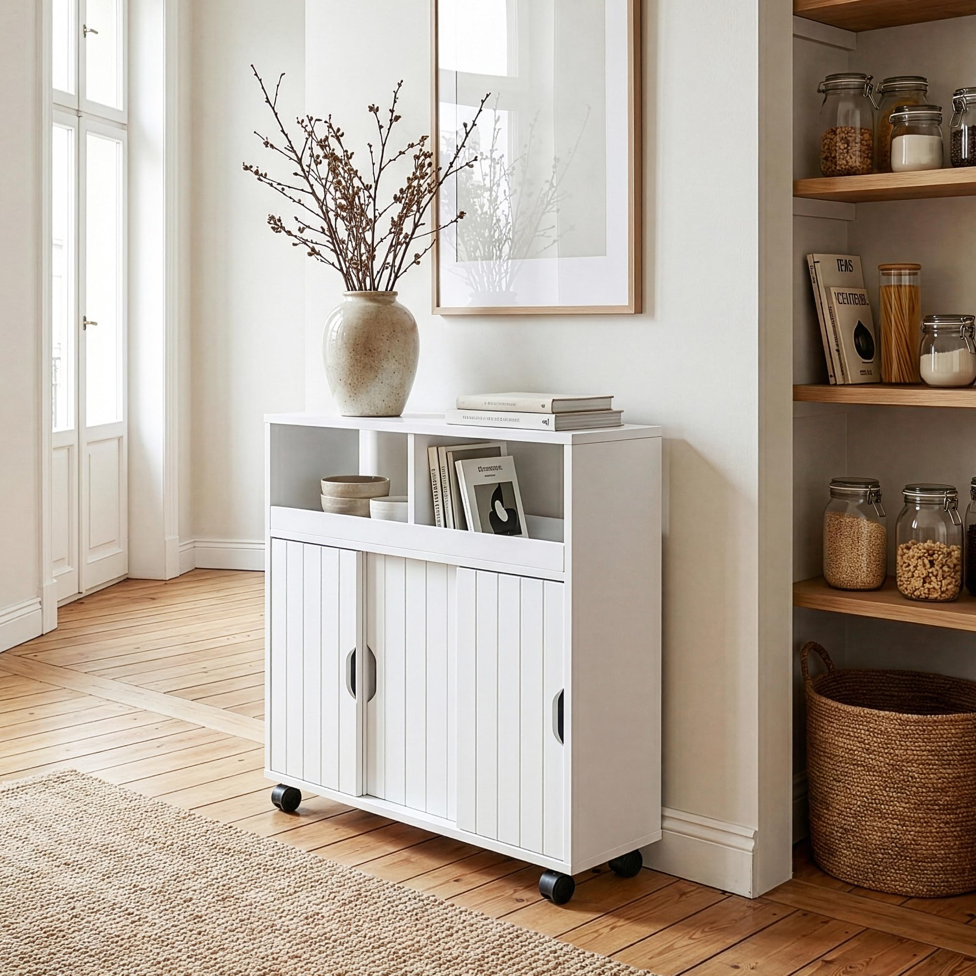 [en.casa] Armario Rodante Delgado Fadeskimma con 2 Compartimentos Abiertos y 3 Puertas Carrito Auxiliar con Ruedas Mueble Baño Carro de Almacenamiento Cocina 72 x 70 x 20 cm - Blanco