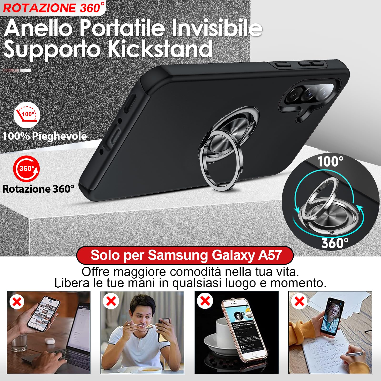 LeYi Cover per Samsung A57/A 57 con 2 Vetri Temperati - Custodia TPU+PC con Anello Girevole 360°, Protezione Militare Antiscivolo per Galaxy A57/A 57, Nero