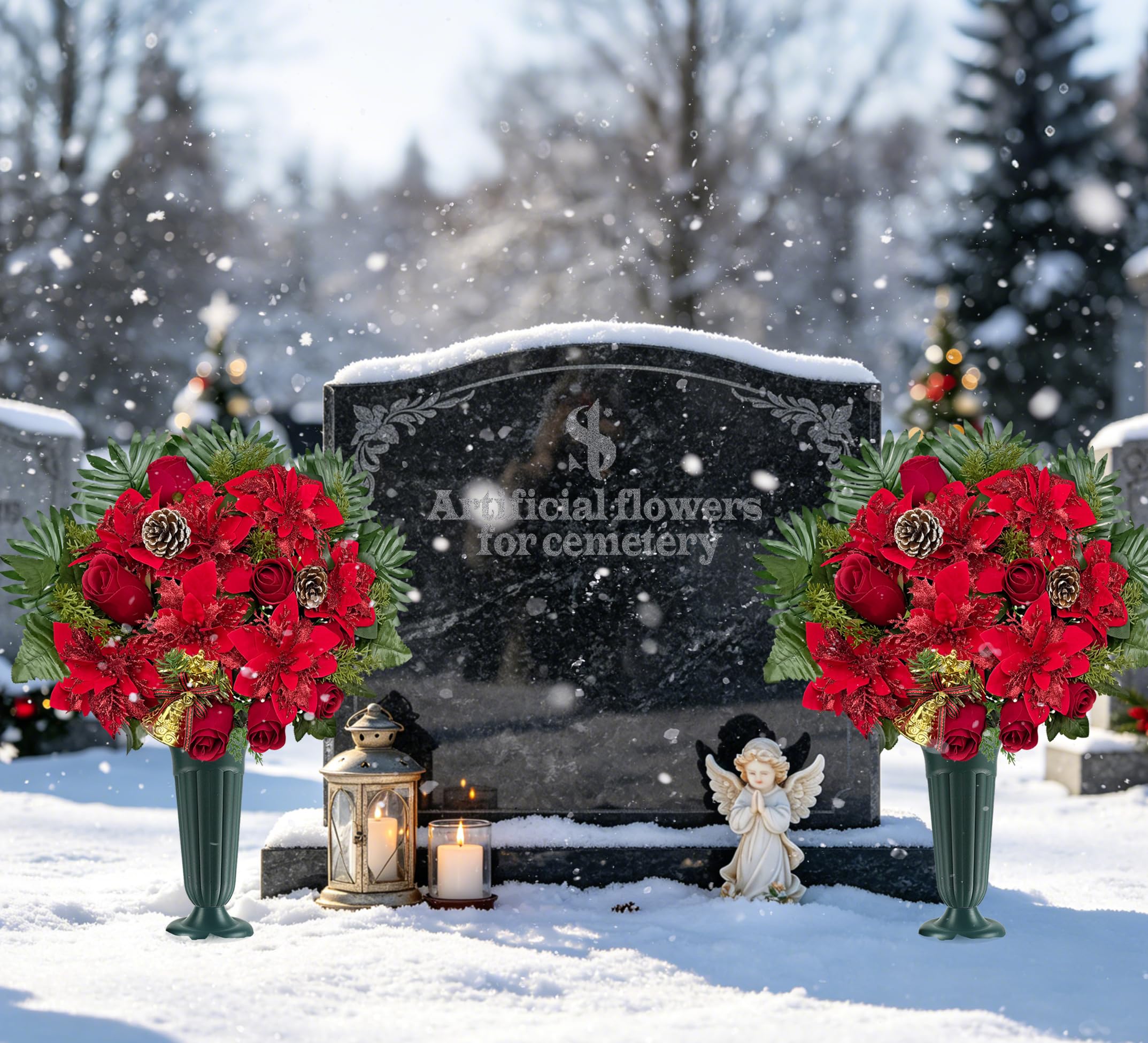 Fleur de tombe artificielle pour cimetière, poinsettia de Noël décorative pour pierre tombale, facile à installer