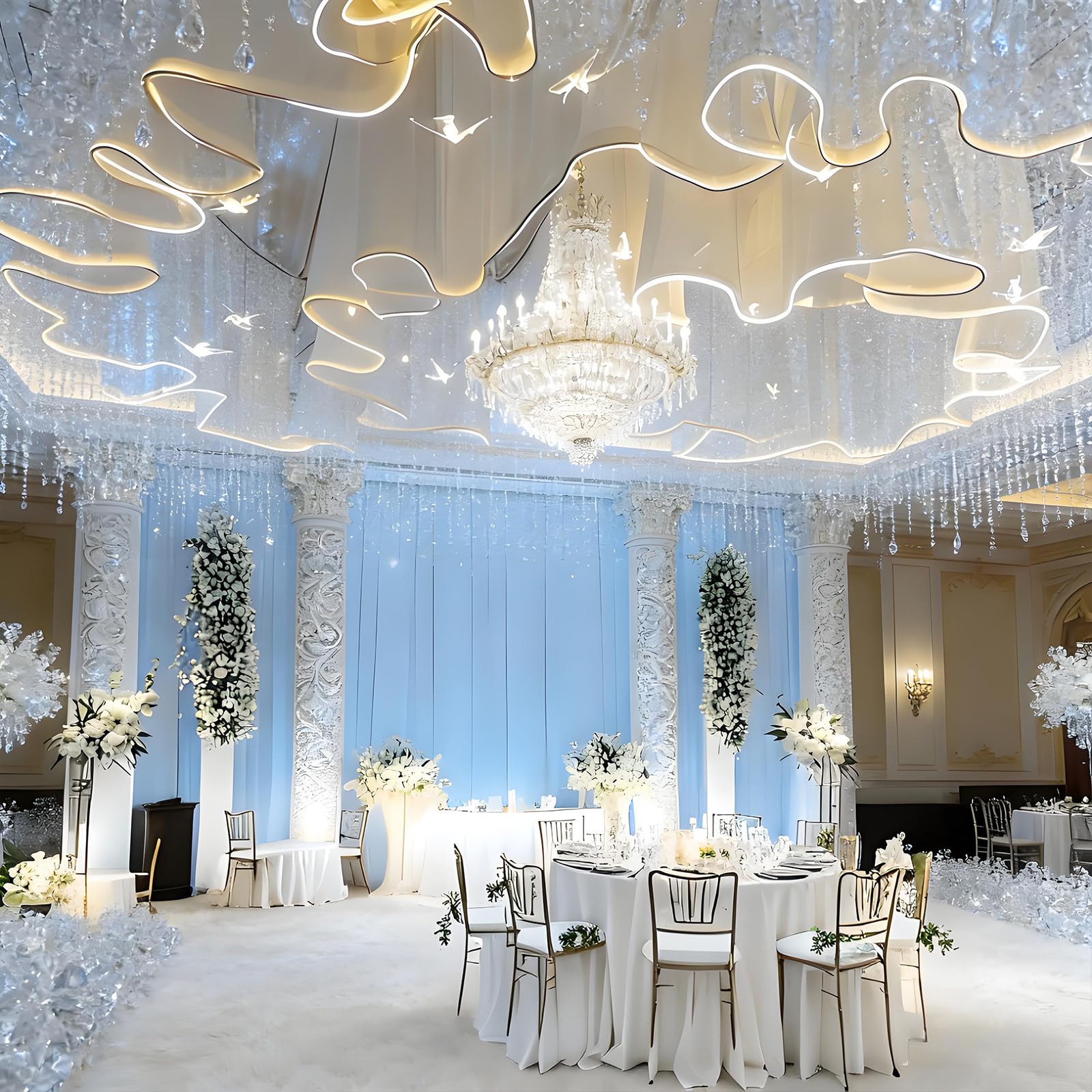 Transparente Vorhänge mit LED-Lichtstreifen, mehrfarbig, mehrere Größen, einfache Installation, die ganze Saison (100 m x 0,6 m, WhiteVeil + WhiteLight)