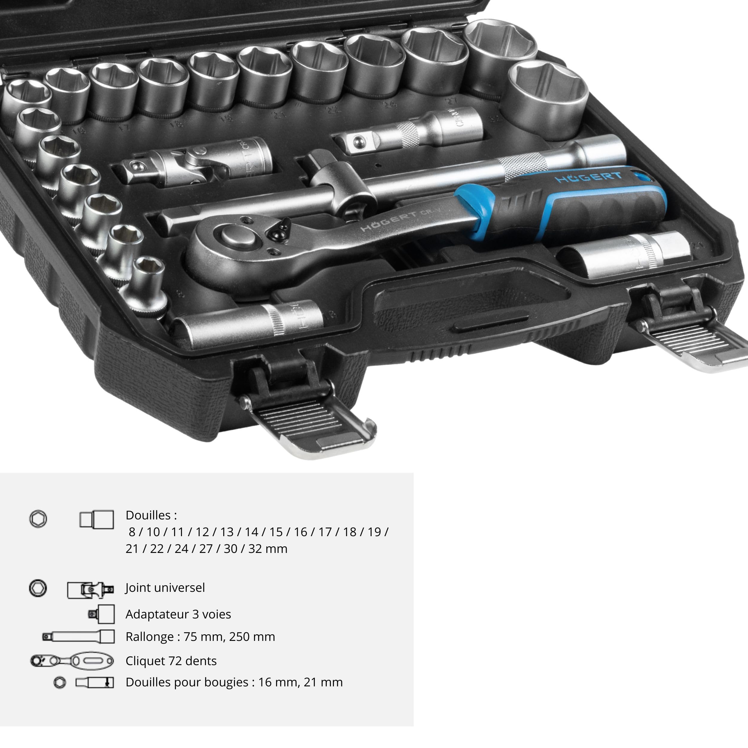 Högert Technik - Jeu de clés à douille 24 pièces 1/2 pouce avec clé à cliquet, cliquet, douilles 8-32 mm en acier CrV dans un coffret pour atelier et garage