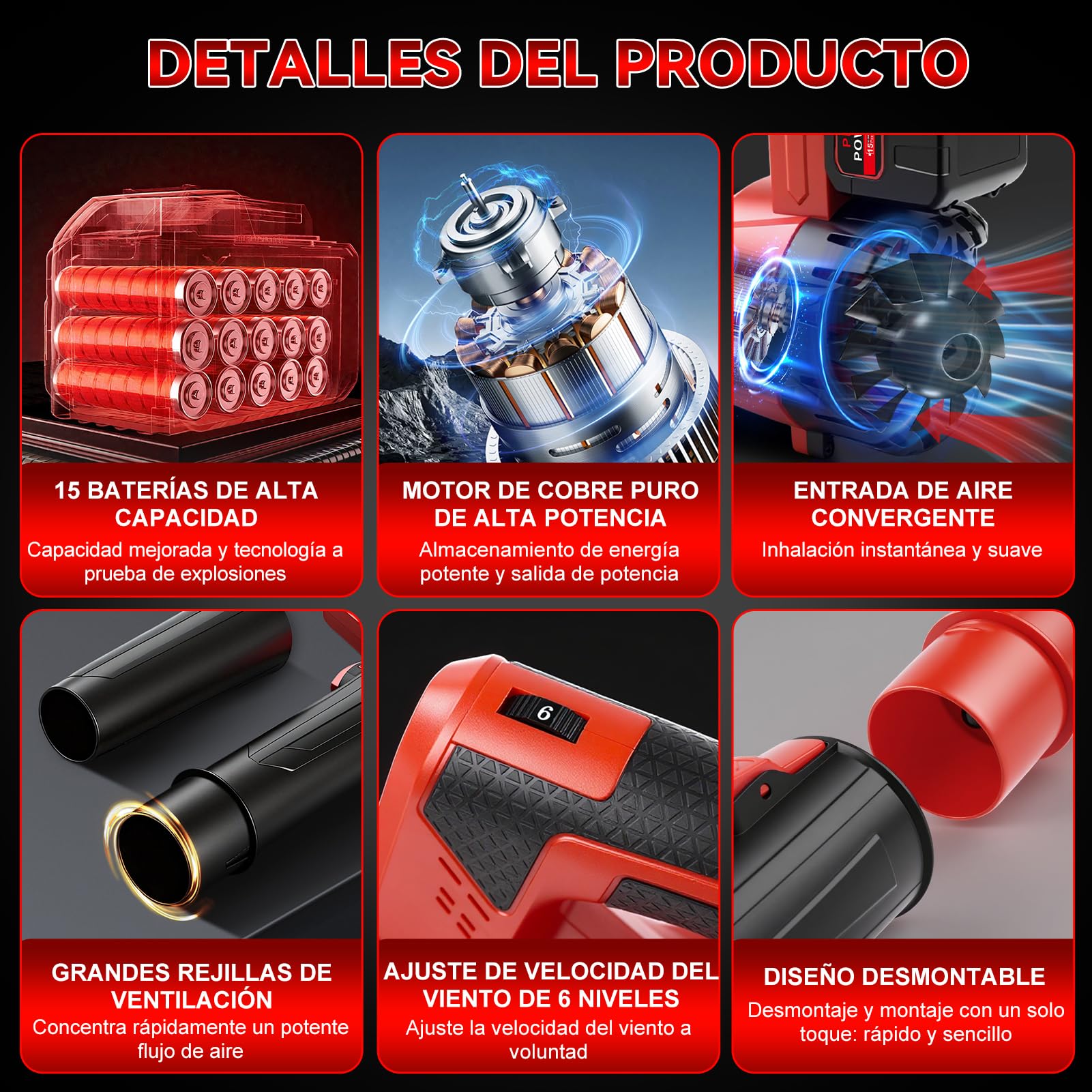 Aspirador de Hojas con batería, 200km/h, 6 velocidades, sin Cables Soplador eléctrico con 6 velocidades, con batería de 1300mAh y Cargador, soplador de Hojas sin Cables para jardín, terraza, Coche