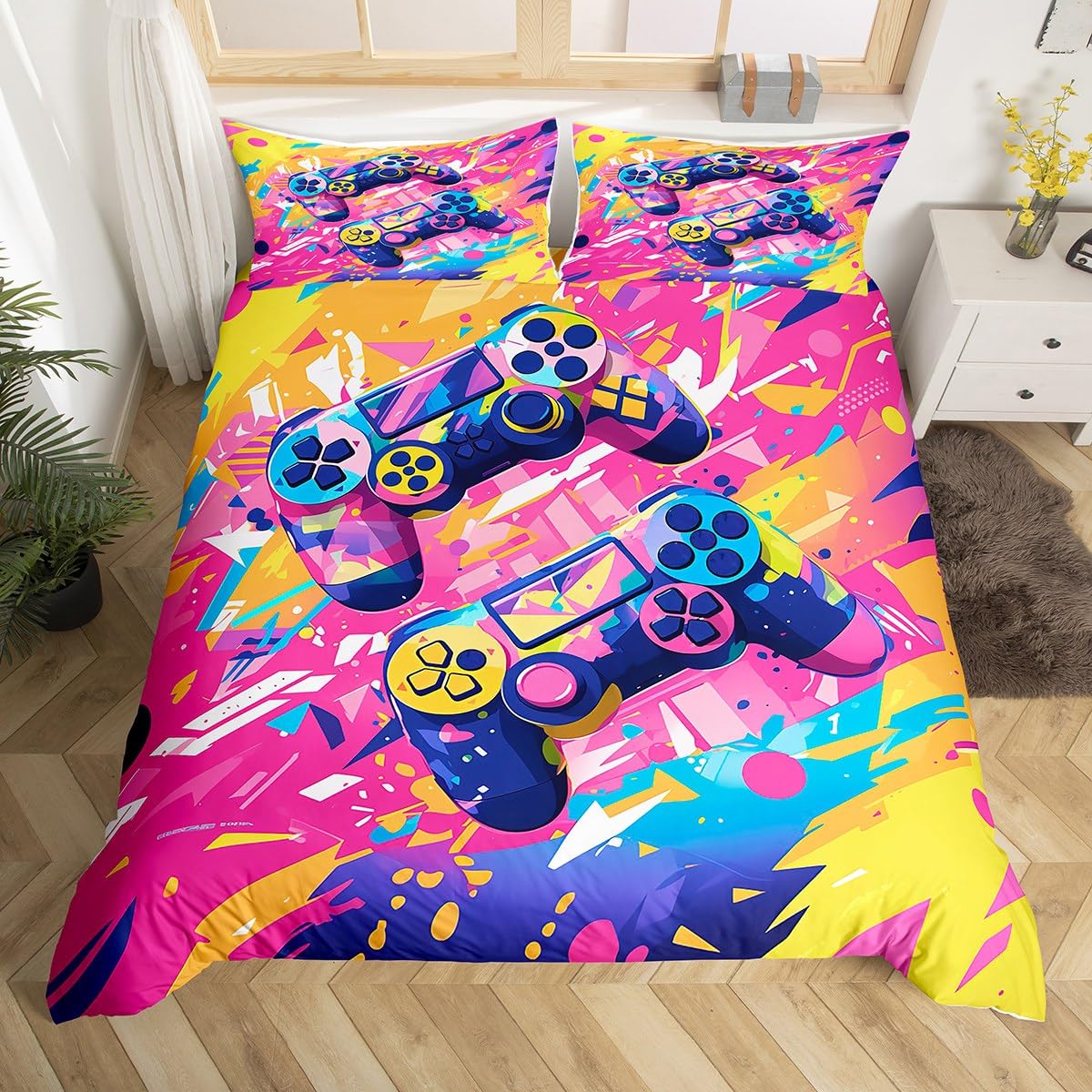 Homewish Gaming Single Bedding Sets 2 Pieces, Reversible Gamepad Kids Duvet Cover Set for Boys Girls, Colorful Graffiti Style Quilt Cover, Abstract Gamer Bed Set With 1 Pillowcase, Microfibre — image 1