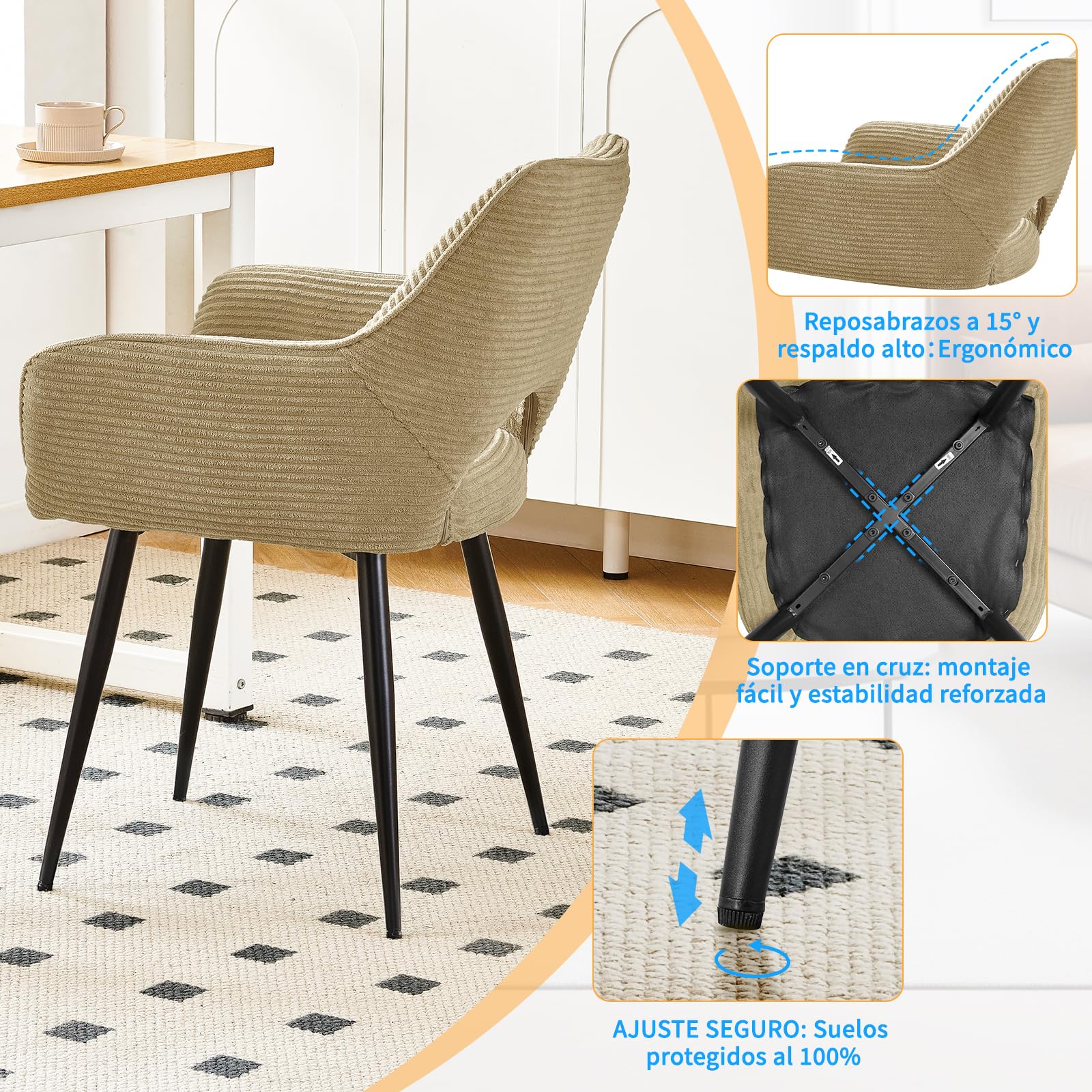 WAFTING Sillas de Cocina,Sillas Comedor Pack 6,Kaki | Patas Metálicas, con reposabrazos, Sillas Tocador,Sillas Salon,Son Sillas de Comedor Modernas, Sillón de Terciopelo