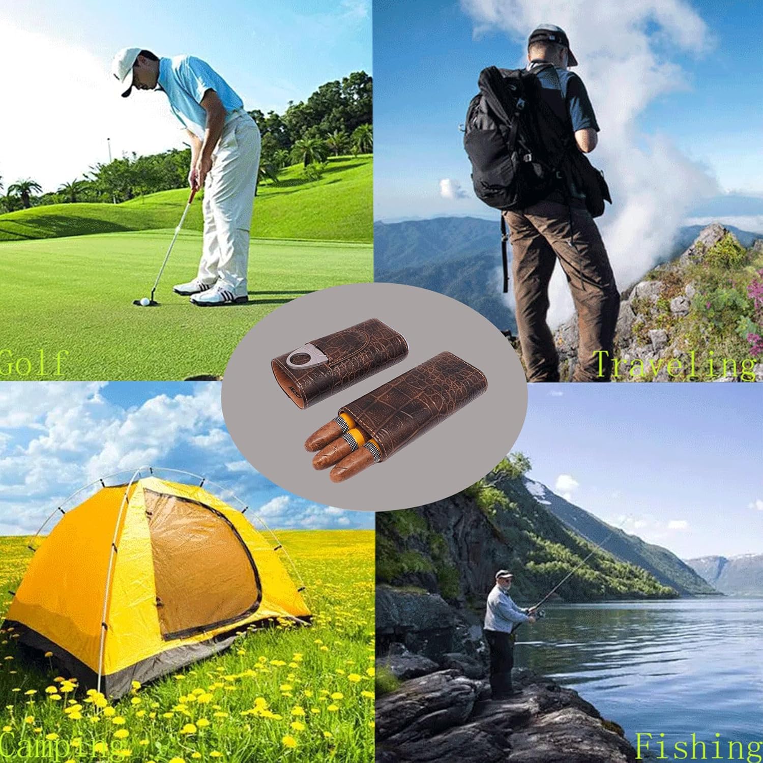 AMANCY 3-Finger Classy Black Brown Crocodile Pattern Leather Cigar Case With Small Humidifier and Cutter - Image 8