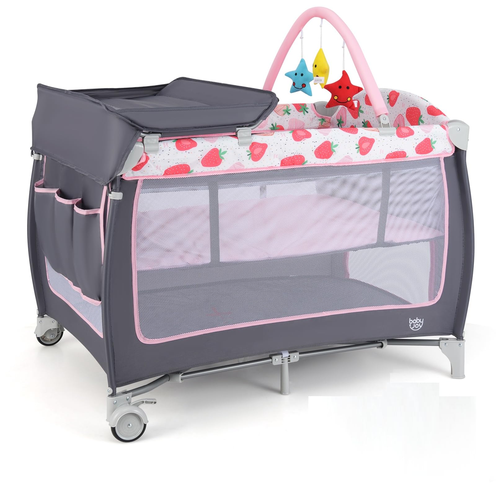 BABY JOY 4 in 1 Pack and Play, Portable Baby Playard with Bassinet, Side Zipper Door, Changing Table, Indoor Outdoor Travel Nursery Center w/Hanging
