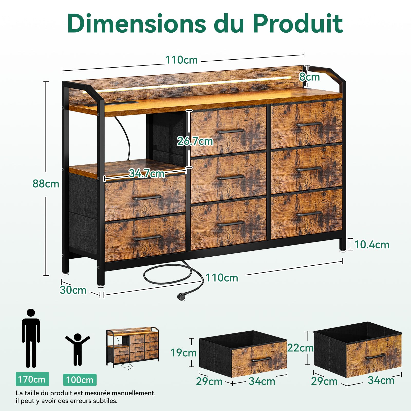 ODK Commode Chambre Adulte, avec Bandes LED Réglables en 10 Couleurs, 2 Prises USB et 2 Prises Secteur, 8 Grands Tiroirs en Tissu, Commode Rangement 110 x 30 x 88 cm, Couleur Vintage