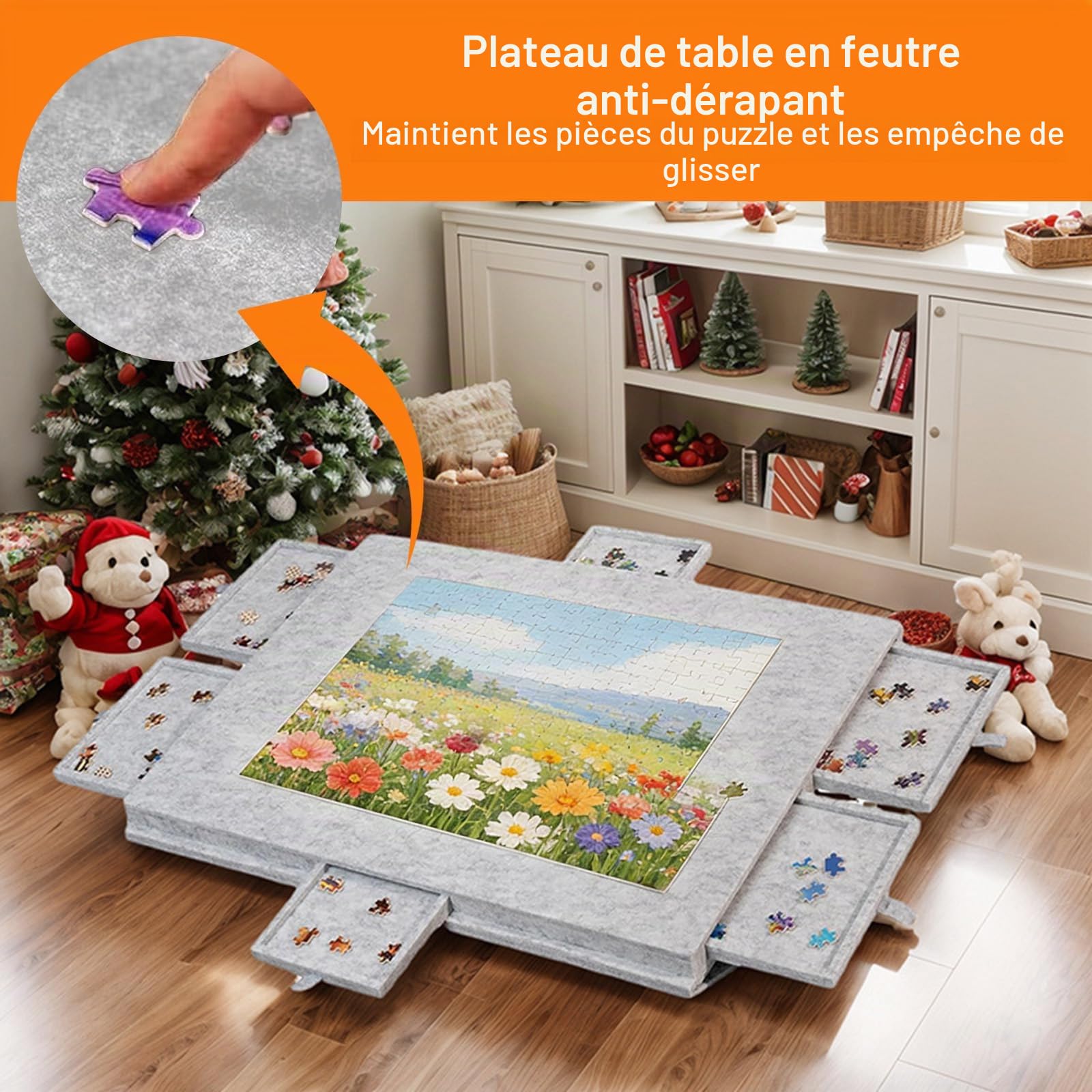 Planche à Puzzle Pliable 1000 pièces, Portable, 2 en 1 Planche à Puzzle Portable avec 6 Tiroirs & Couvercle, Planche de Puzzle, Table de Puzzle, Cadeau de Noël pour Adultes, Enfant (Gris)