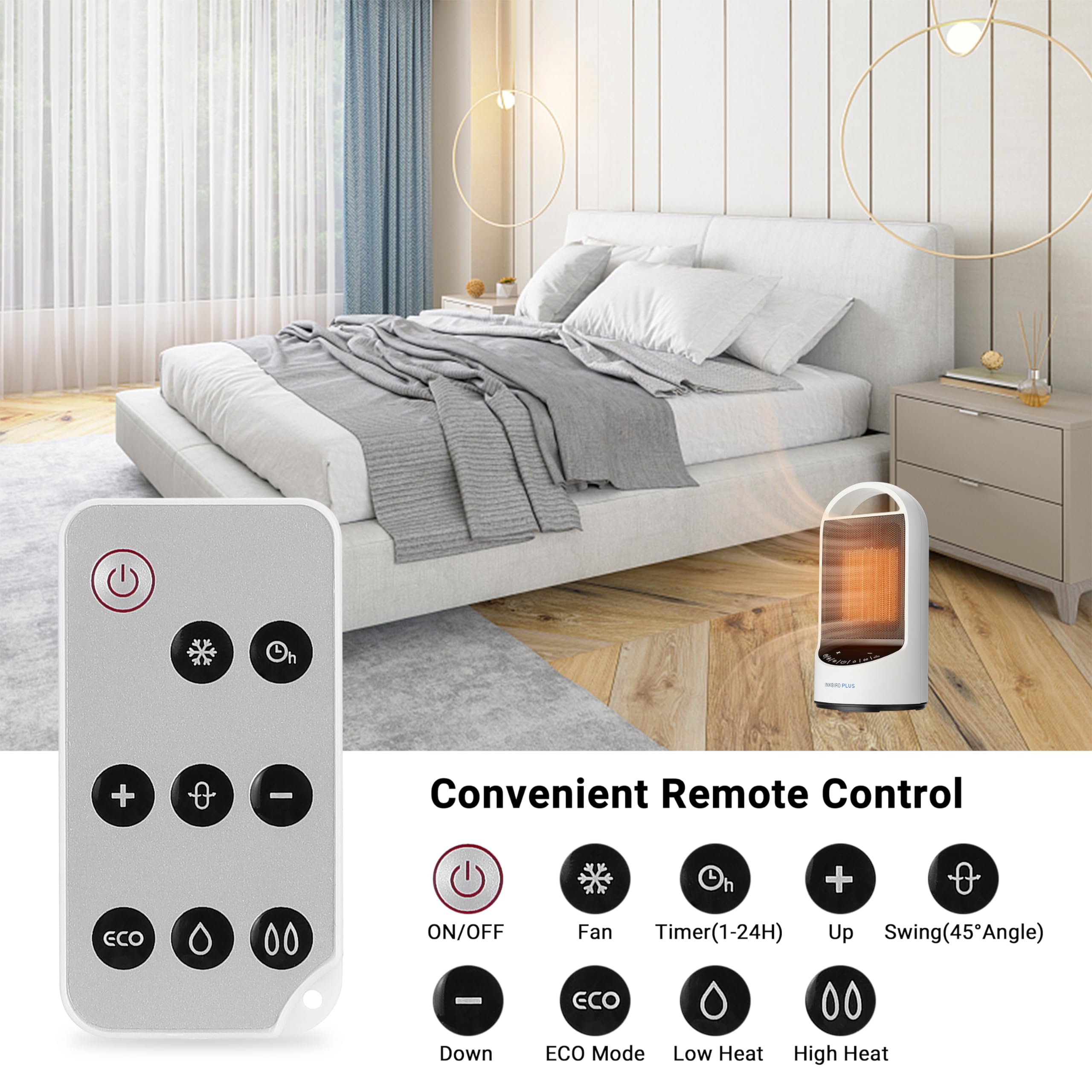 Calentadores eléctricos de 1500 W para uso en interiores con temporizador remoto y 3 modos, protección contra sobrecalentamiento y vuelco para oficina, dormitorio, calentador de espacio 3