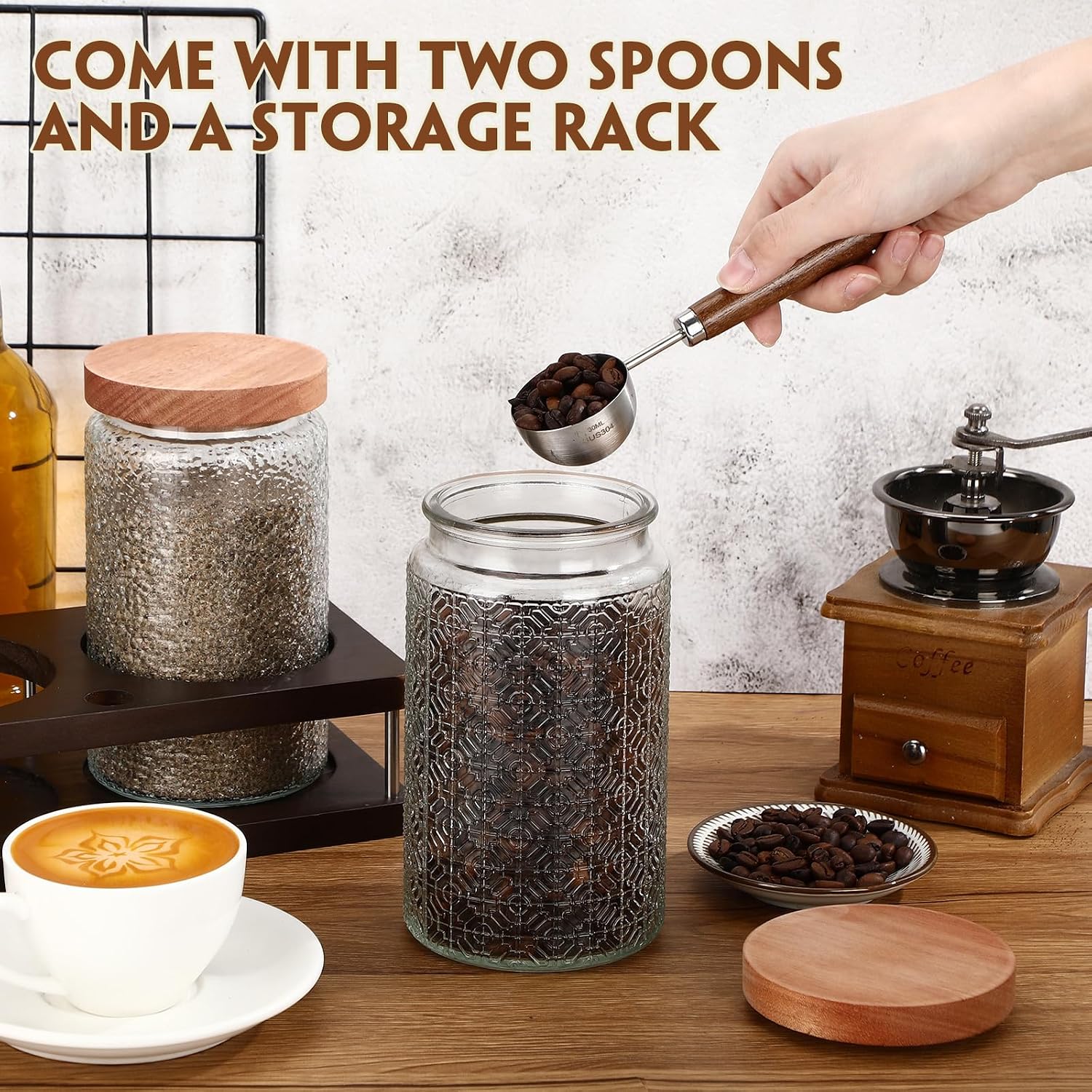 Suclain Glass Coffee Grounds Container with Shelf 2 x 34 oz Glass Coffee Bean Storage Canisters with Airtight Thread Lid and Measuring Spoon Food Storage Jars for Kitchen Sugar(Classic Style) image 5