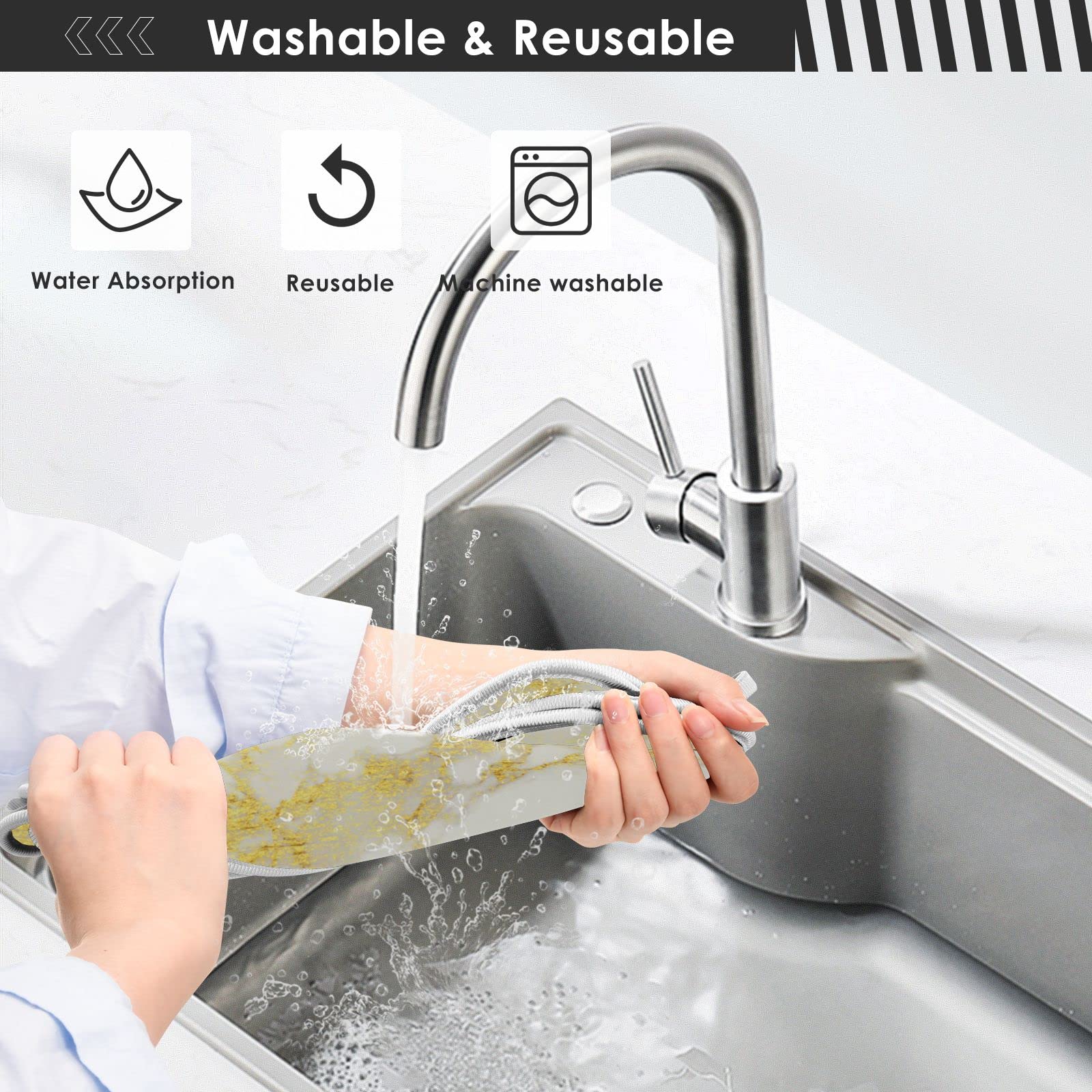 MNSRUU 2-Pack Sink Splash Guard Mats - Absorbent Faucet Drip Catcher, White Gold Marble Design, Size M