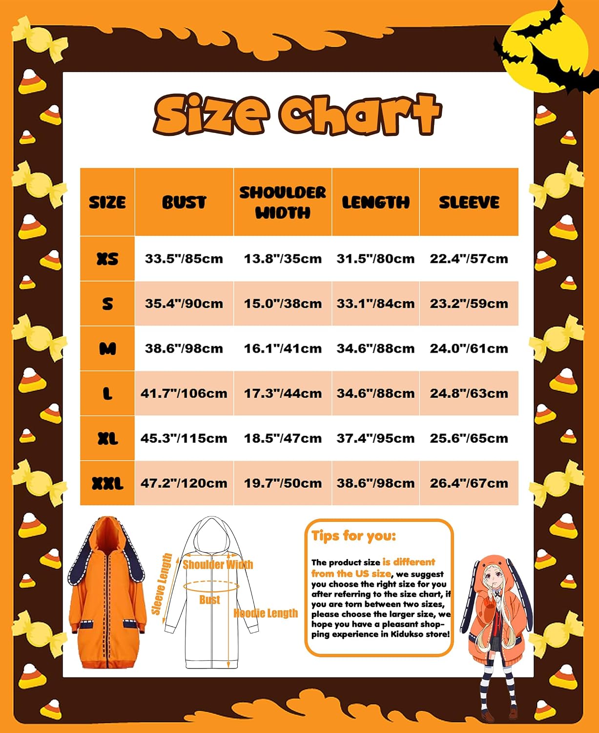 Kidukso Cool Anime Runa Cosplay Costume Women Orange Hoodie with Long Bunny Ears Halloween Hooded Zipper Jacket Coat