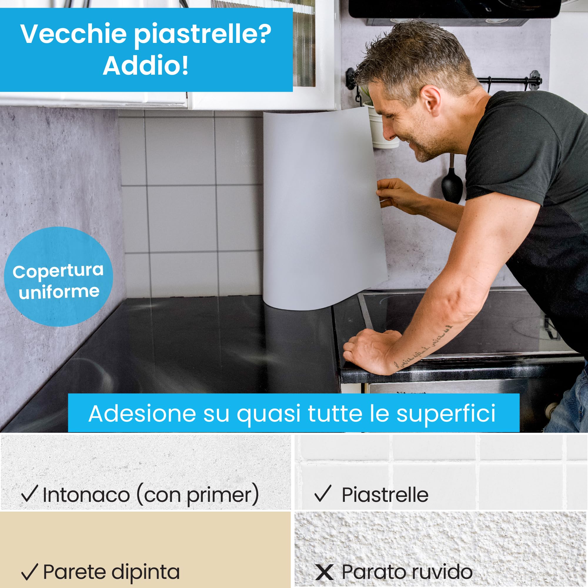 danario Rivestimento Paraschizzi Cucina Adesivo da Parete I Effetto Vetro I Spesso e Rigido I Ignifugo e Resistente all'Acqua I 0,80 mm I Bianco - 60cm x 60cm