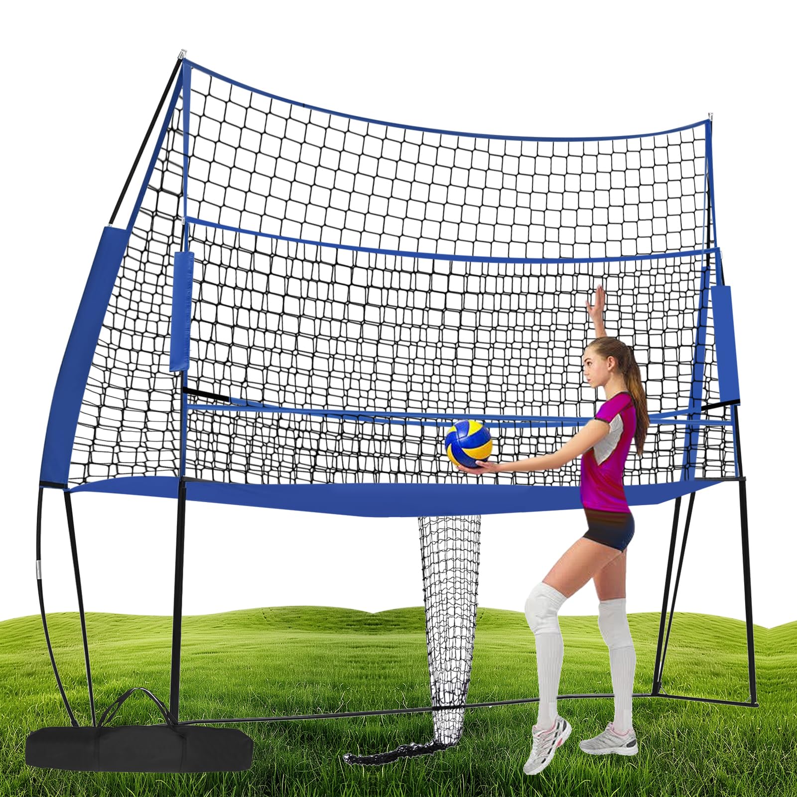 JAYGOVAN Volleyball Training Equipment Net Portable Practice Net for Backyard, Indoor Outdoor Use, Easy Assembly 4 Adjustable Heights Volleyball Net for Hitting, Serving, and Passing Drills (Blue)