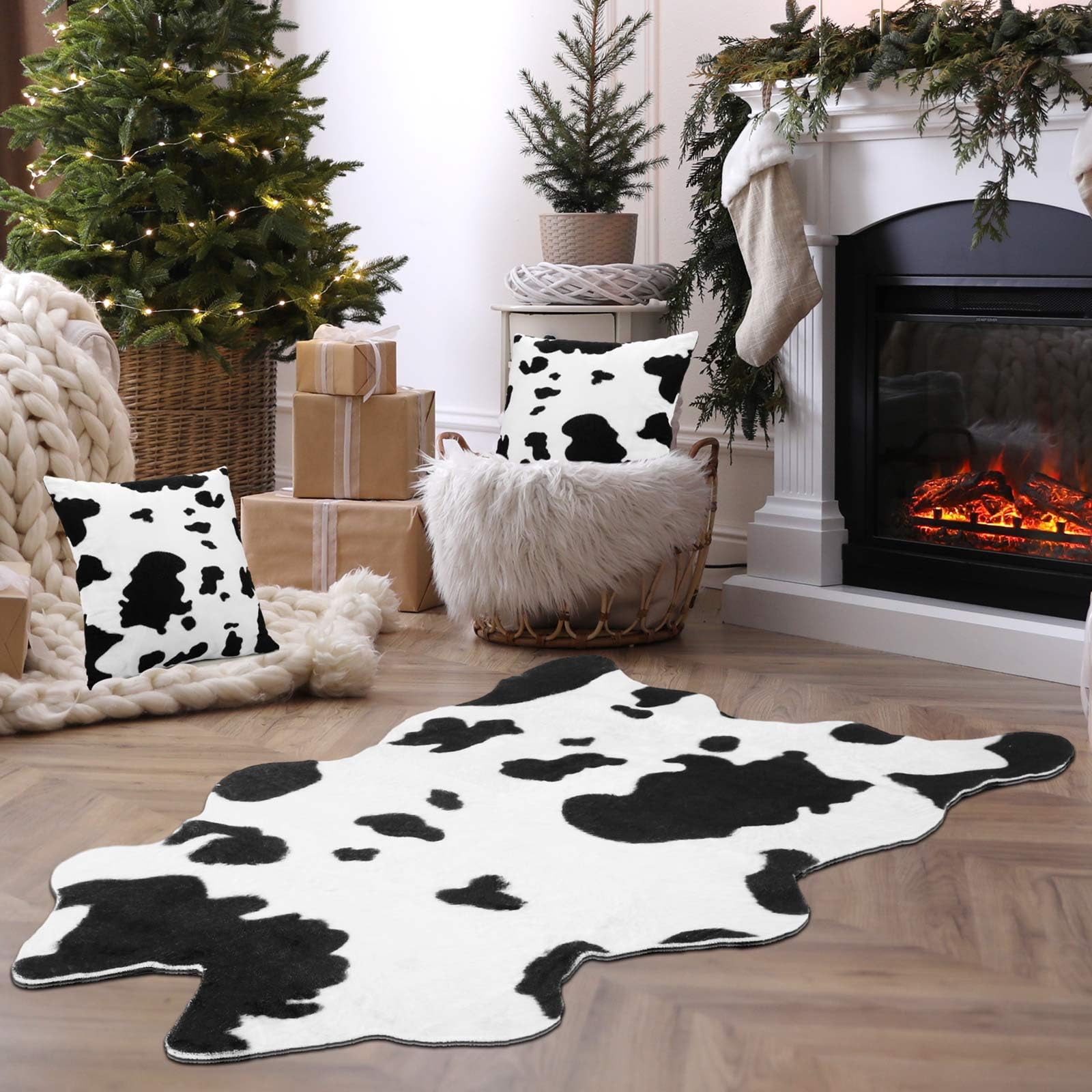 AmyloveCowhide Rug and 2 pcs Cow Pillowcase Durable and Large Size Cowhide Print Rugs Cowhide Print Pillows for Living Room Bedroom Office Western Decor
