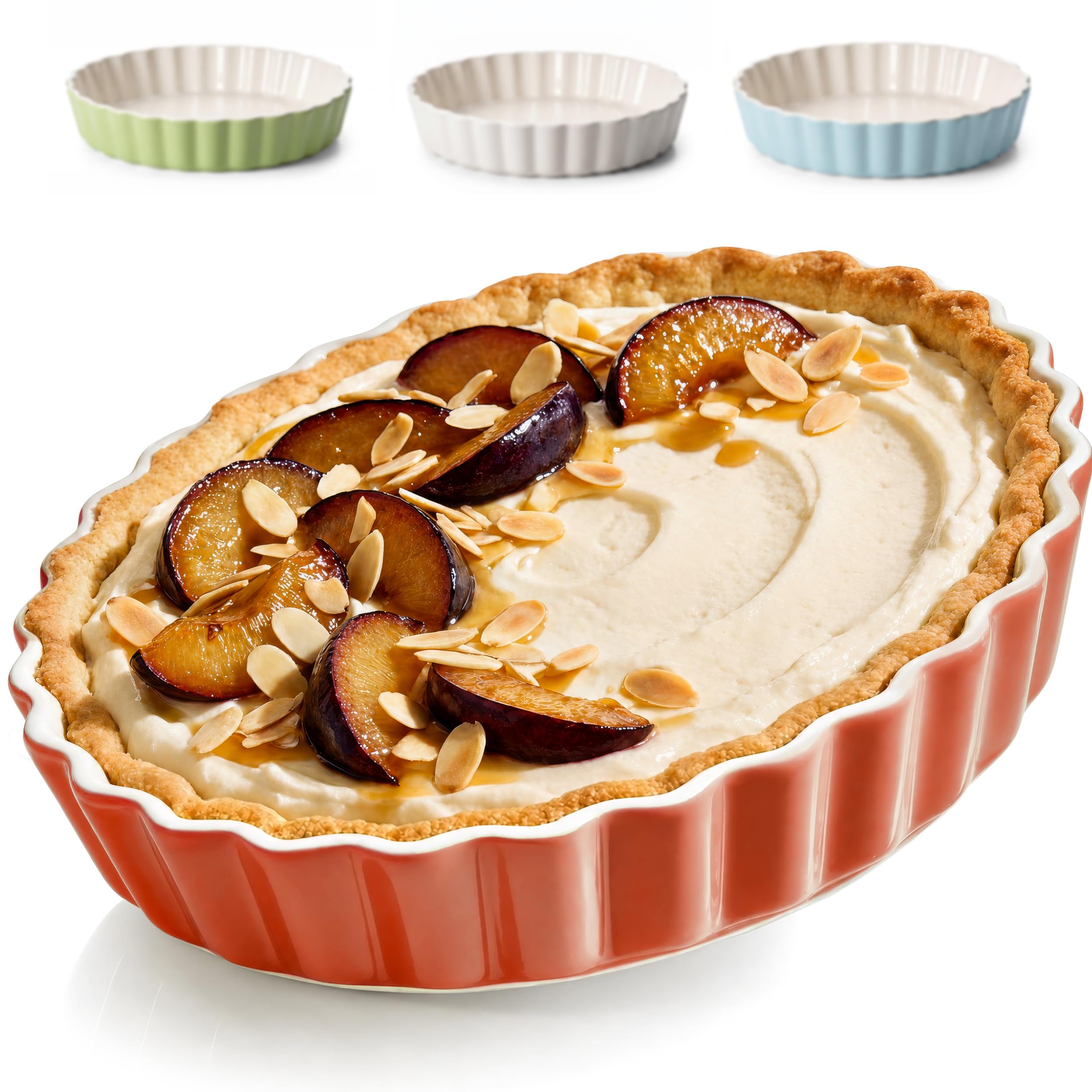 Praknu Plat à Tarte en Céramique - (Ø 28cm Moule à tarte) - Avec Revêtement Anti-adhésif - Plat a tarte facile à nettoyer - Moule a tarte résistant aux coupures (Rouge)