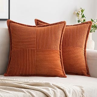 Woaboy Fall Corduroy Pillow Covers 18x18 Inch Rust Set of 2 Super Soft Boho Striped Couch Covers Broadside Splicing Decorative Textured Throw Pillows for Cushion Livingroom