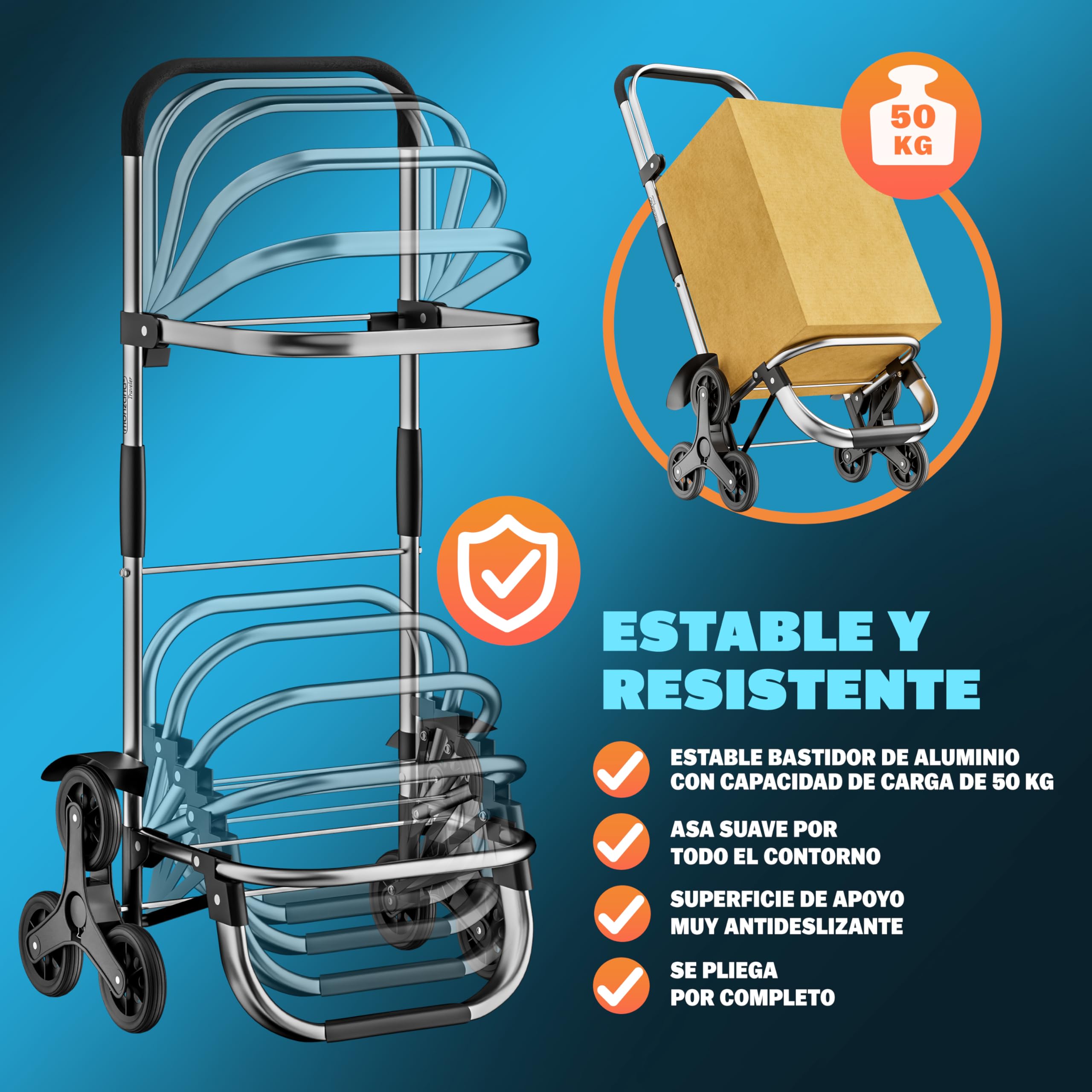 MONZANA® Carrito de Compras Plegable hasta 50Kg Bolsa Extraíble Compartimento Isotérmico de 10L 6 Ruedas 3 Bolsillos