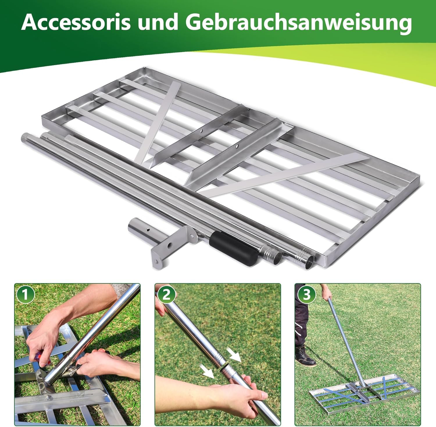 85*35cm Edelstahl Rakel Rasen mit 2m Einstellbare Stiel Rechen Rasenrechen | Nivellierrechen Sanden Topdressing Flächen Lawn Leveler Flächenebner Rasenschieber Levelingrake für Hof Garten Golf