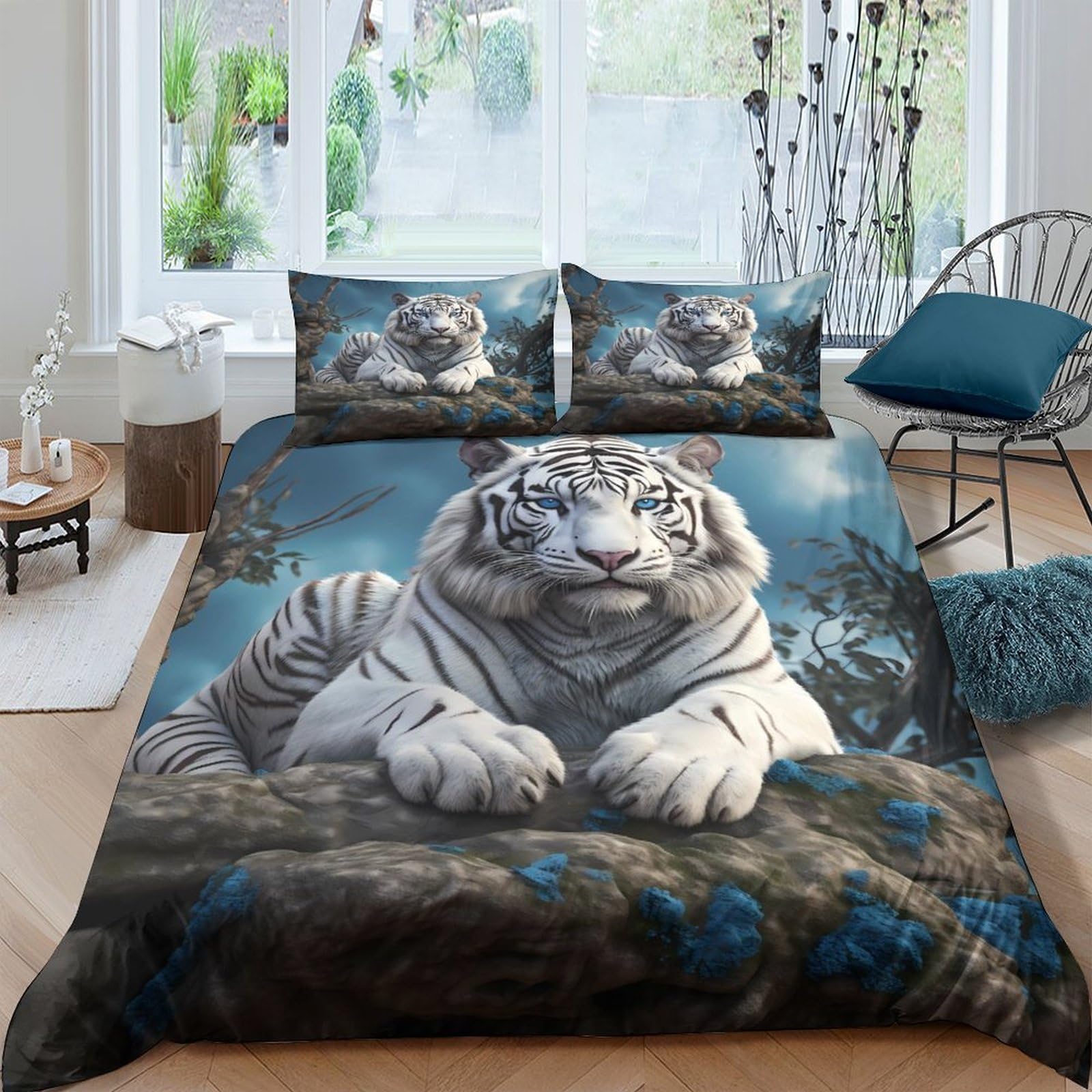 Linge de lit tigre blanc haut de gamme 260x220 cm imprimé 3D au fini microfibre satiné