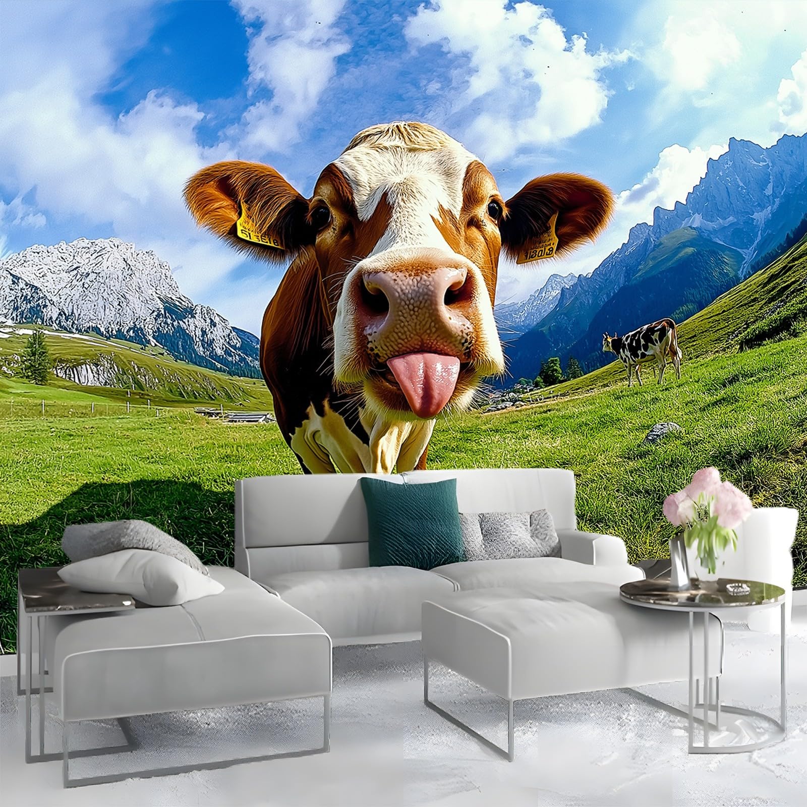 Fototapete 3D Effekt Tierfotografie Berge Wiesen Kühe Tapete Fototapeten Vlies Tapeten 250 x 175 cm Vliestapete Wandtapete Moderne Wand Schlafzimmer Wohnzimmer Tapete