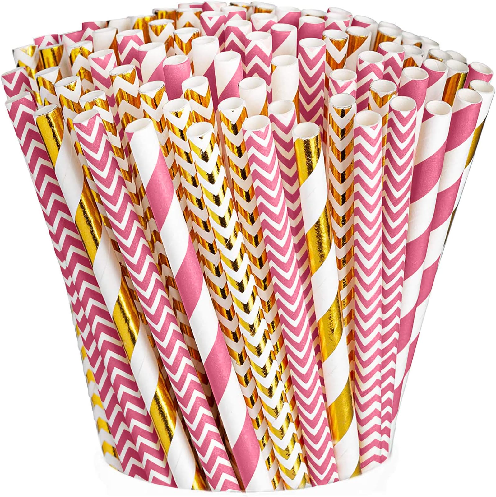 Gusto [200 Pack] Hot Pink & Gold Paper Straws - 100% Biodegradable Multi-Pattern Disposable Party Straws for Birthdays, Weddings, & Holiday Decorations