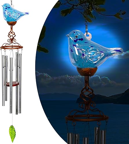 Campanillas de viento, forma de pájaro de vidrio solar, LED, decoración de vidrio y metal para exteriores y patio, 7 x 4 x 44 pulgadas (azul claro)