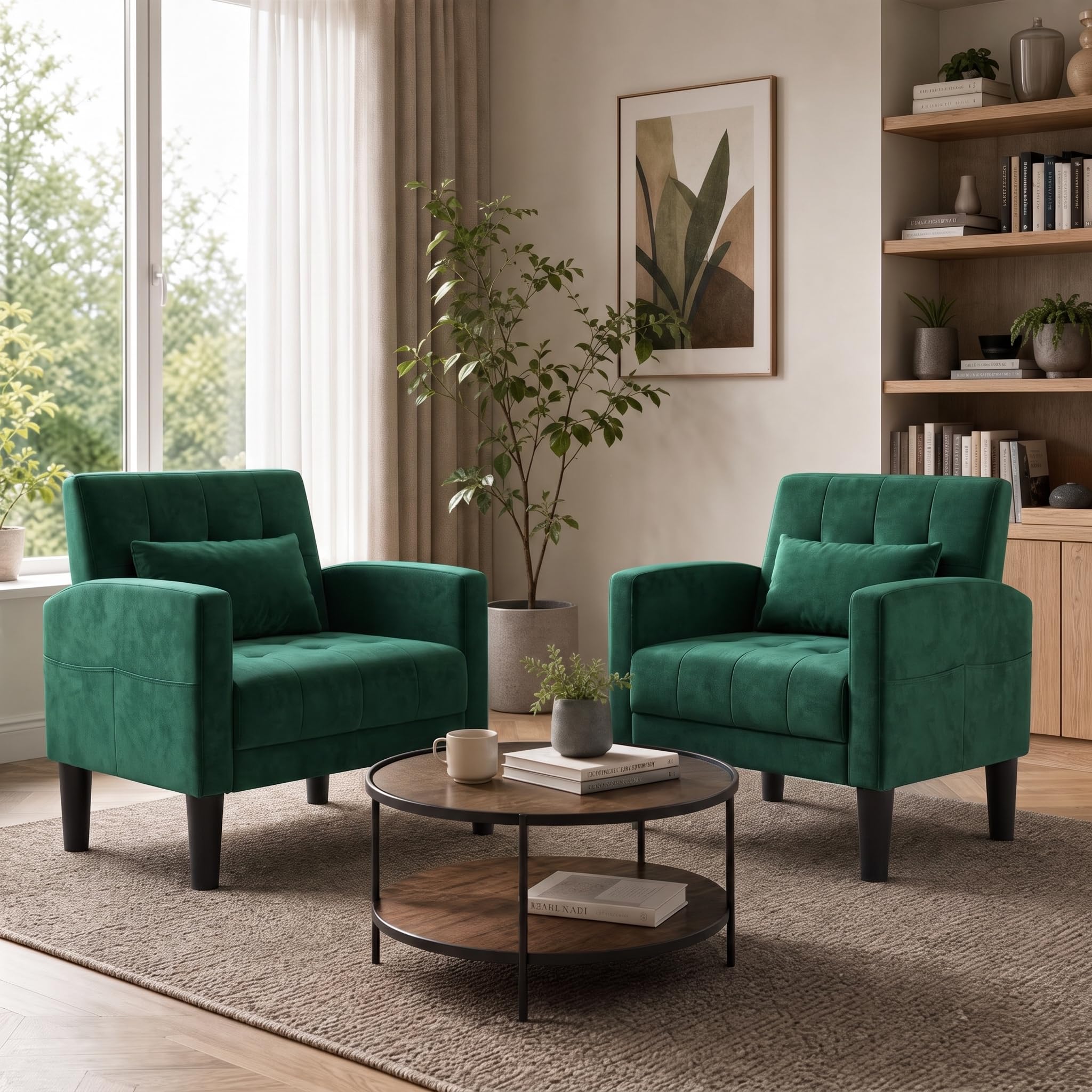 ROCSUMOO Armchair, Velvet Accent Tub Chair with Lumbar Cushion, Green