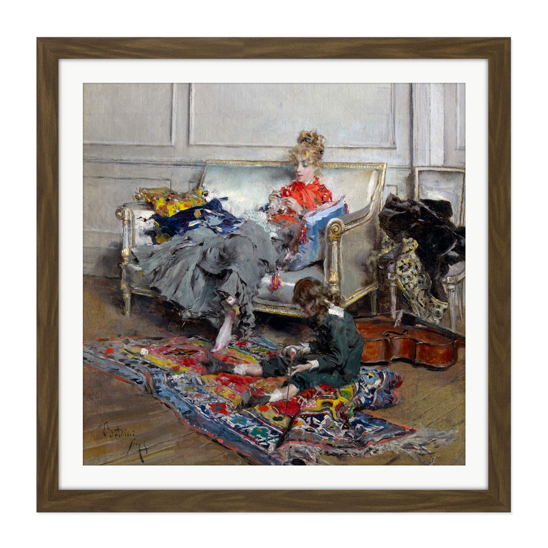 Artery8 Giovanni Boldini Young Woman Crocheting 1875 Painting Square Wooden Framed Wall Art Print Picture 16X16 Inch