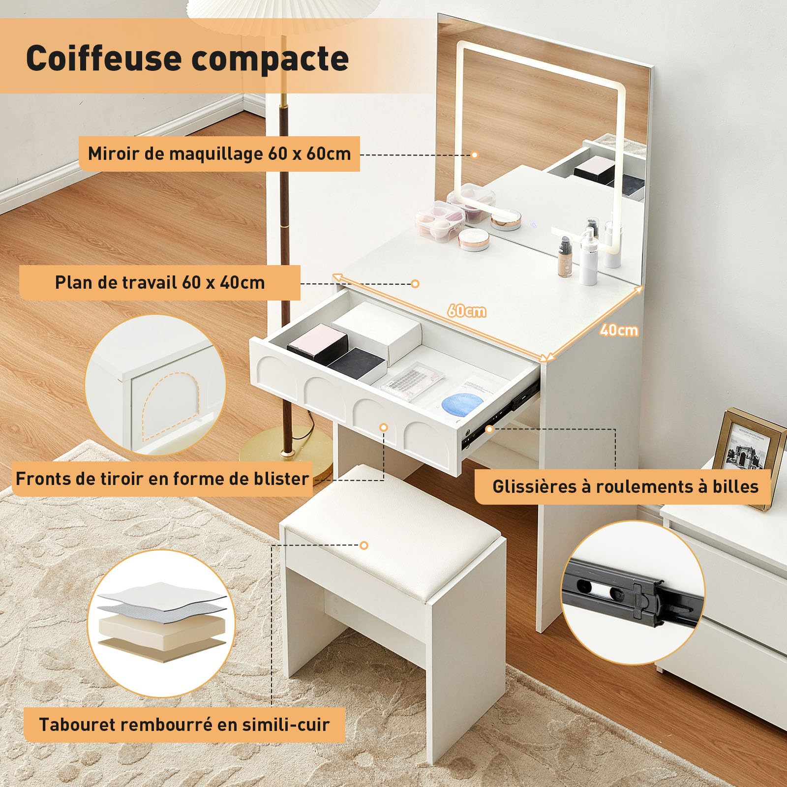 LEMROE Coiffeuse Moderne avec Miroir LED Tactile 3 Couleurs, Blanc | Table de Maquillage Compacte, Coiffeuse avec Miroir et Tabouret, pour Petits Espaces , Cadeaux pour filles