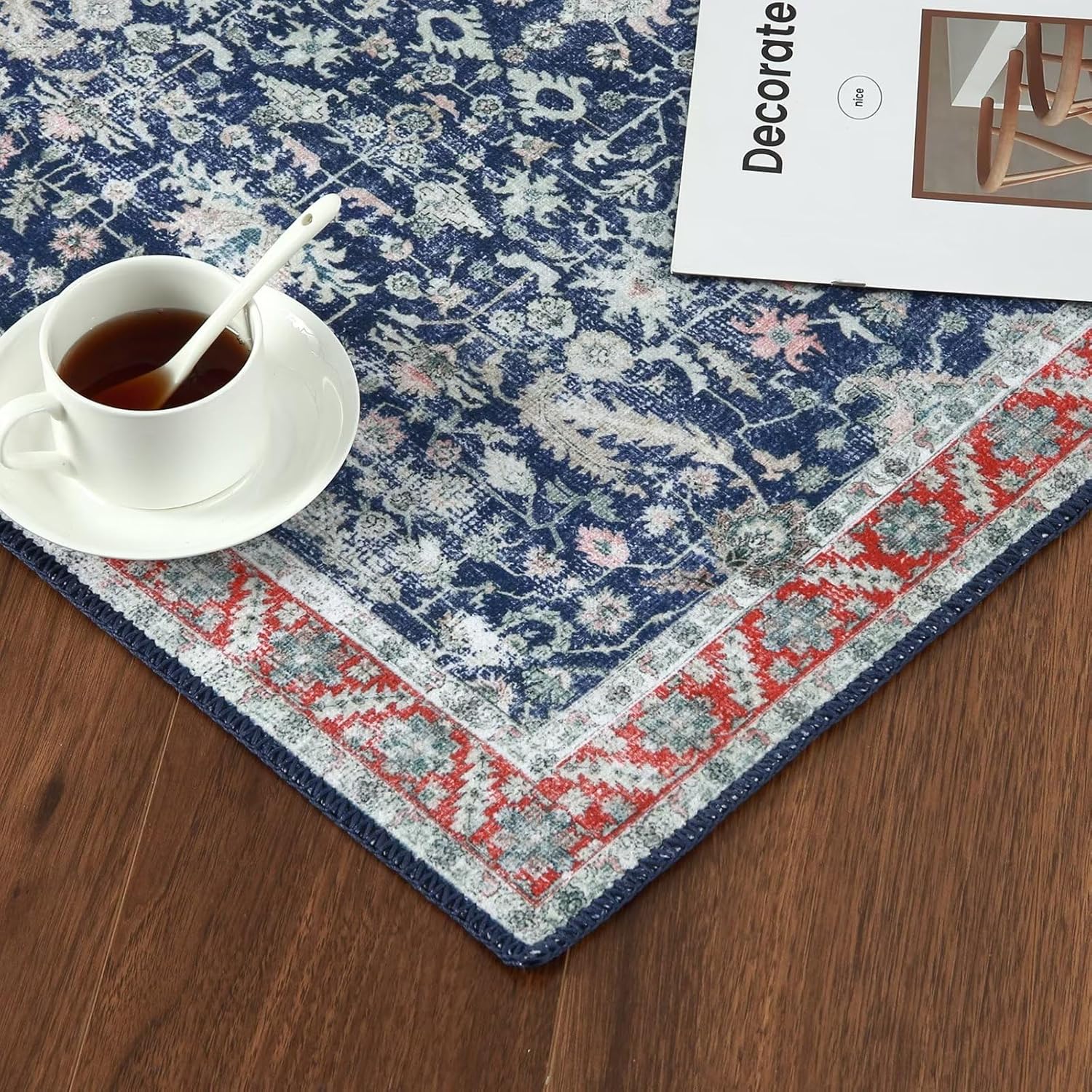 COZYLOOM 2x6 Vintage Runner Rug Oriental Floral Distressed Rug Aesthetic Boho Chenille Entryway Hallway Runners Low Pile Non-Slip Washable Rug Runner for Kitchen Laundry Blue