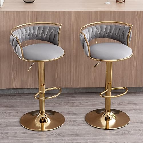 Miniatura 10 de DUOMAY Juego de 3 taburetes de bar giratorios modernos, de terciopelo de altura ajustable, respaldo bajo, isla de cocina, silla de bar con base