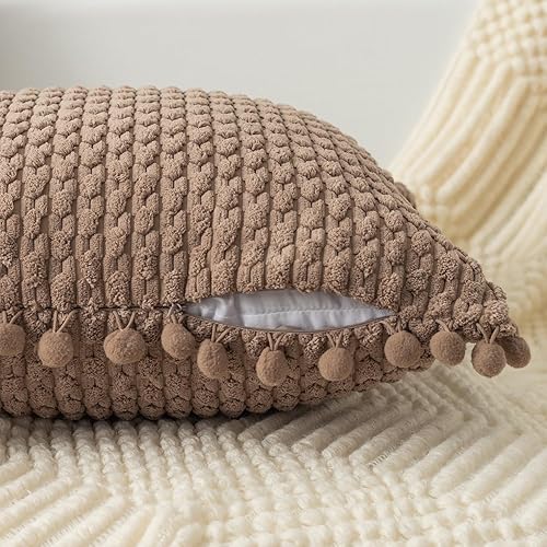 Miniatura 3 de Kevin Textile - Juego de 2 fundas de almohada decorativas lumbares de color marrón claro de 12 x 20 pulgadas con pompones para sofá y cama,