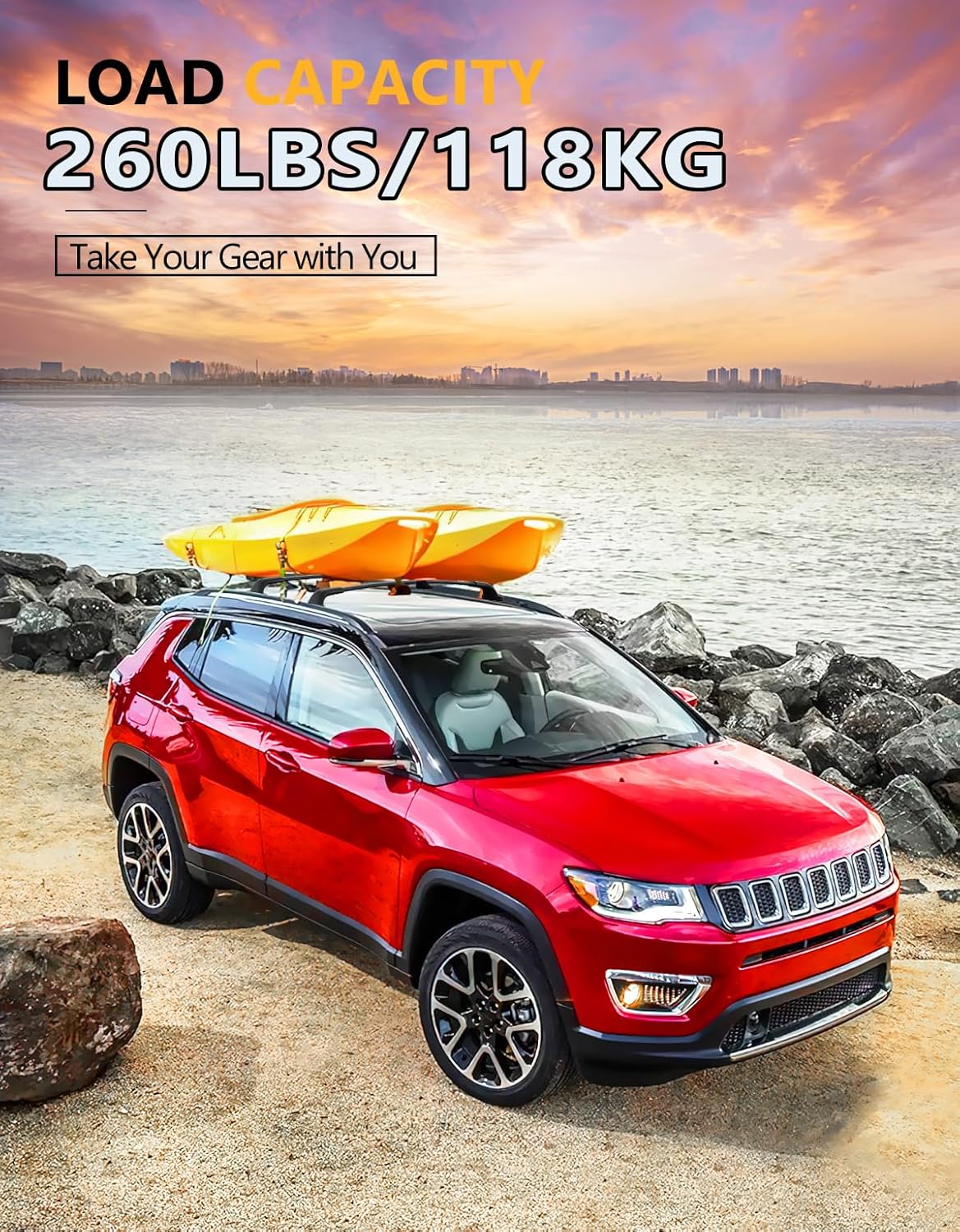 Tuyoung All Aluminum Roof Racks Cross Bars Compatible with Jeep Compass 2018-2026, 260lbs Lockable Heavy Duty Roof Rails Crossbars Rooftop Cargo Basket Carrier Bag Luggage Rails Kayak Canoe Snowboard