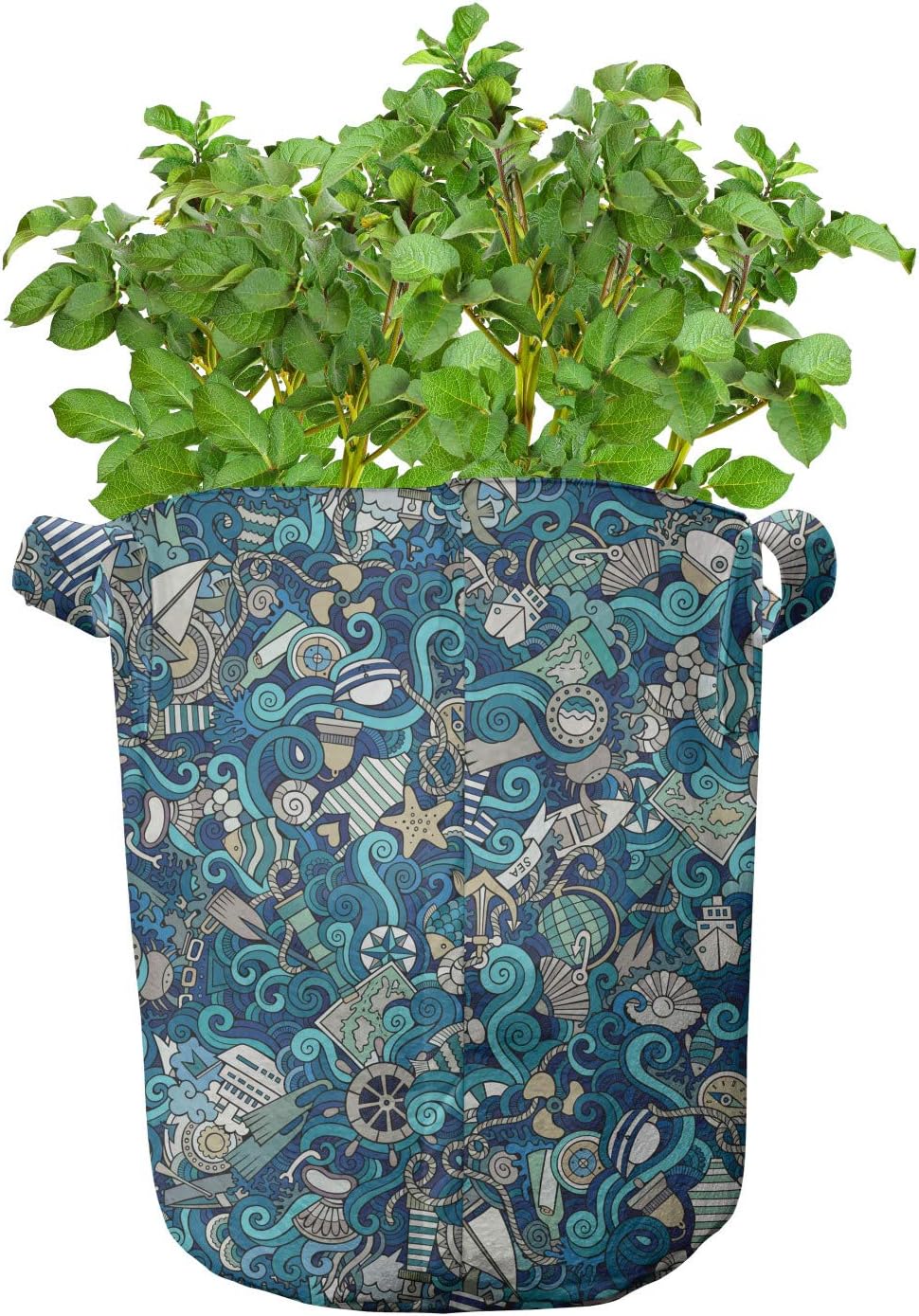 Lunarable Abstract Grow Bags 5-Pack, Fishing Theme Elements, Heavyduty Fabric Pots with Handles for Plants, 7 Gallon, Blue Turquoise Aqua