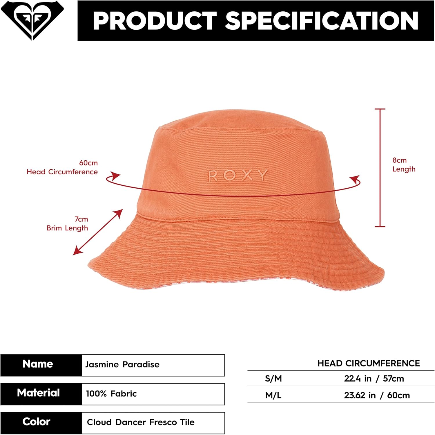 Roxy Women's Jasmine Paradise Reversible Bucket Hat – 100% Cotton, Lightweight & Packable Hat for Beach or Festival