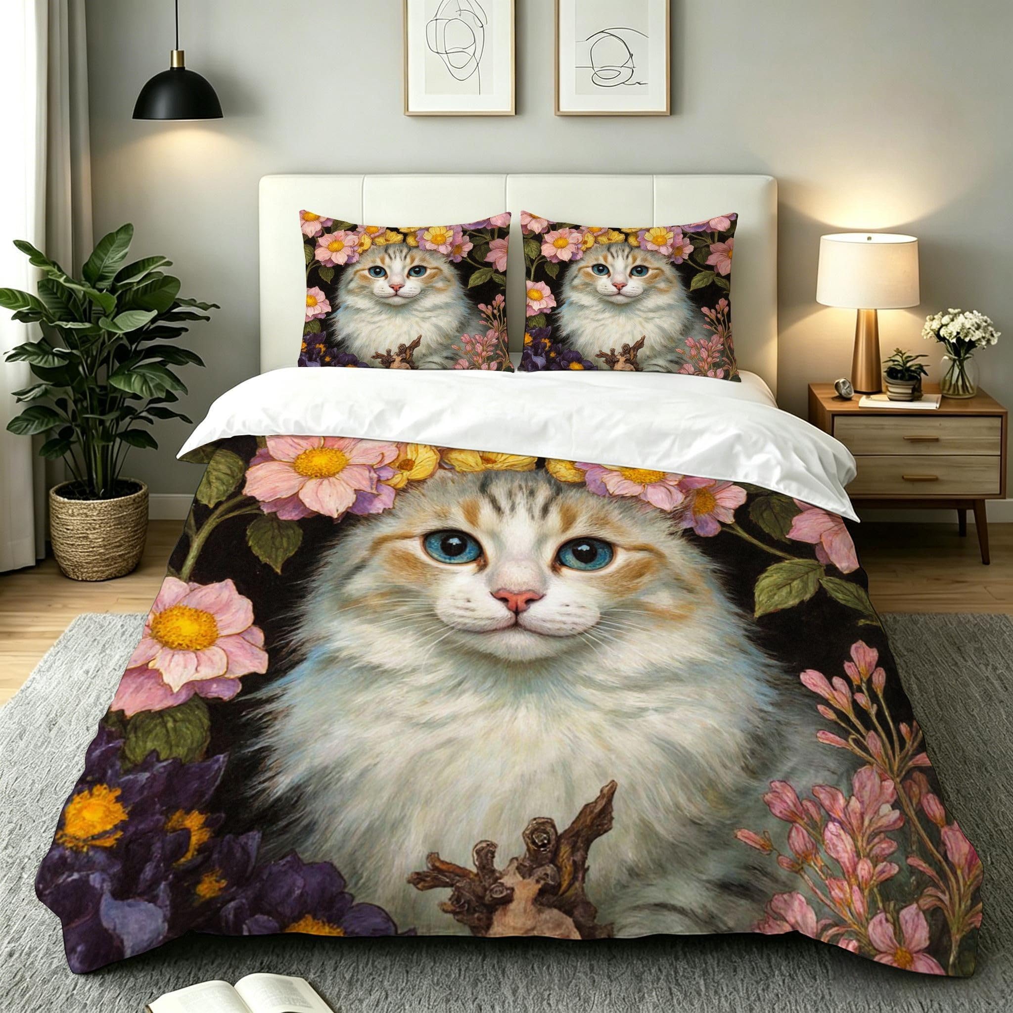 Parure de lit 160x200 Chat-Fleur housse couette 2 personnes microfibre
