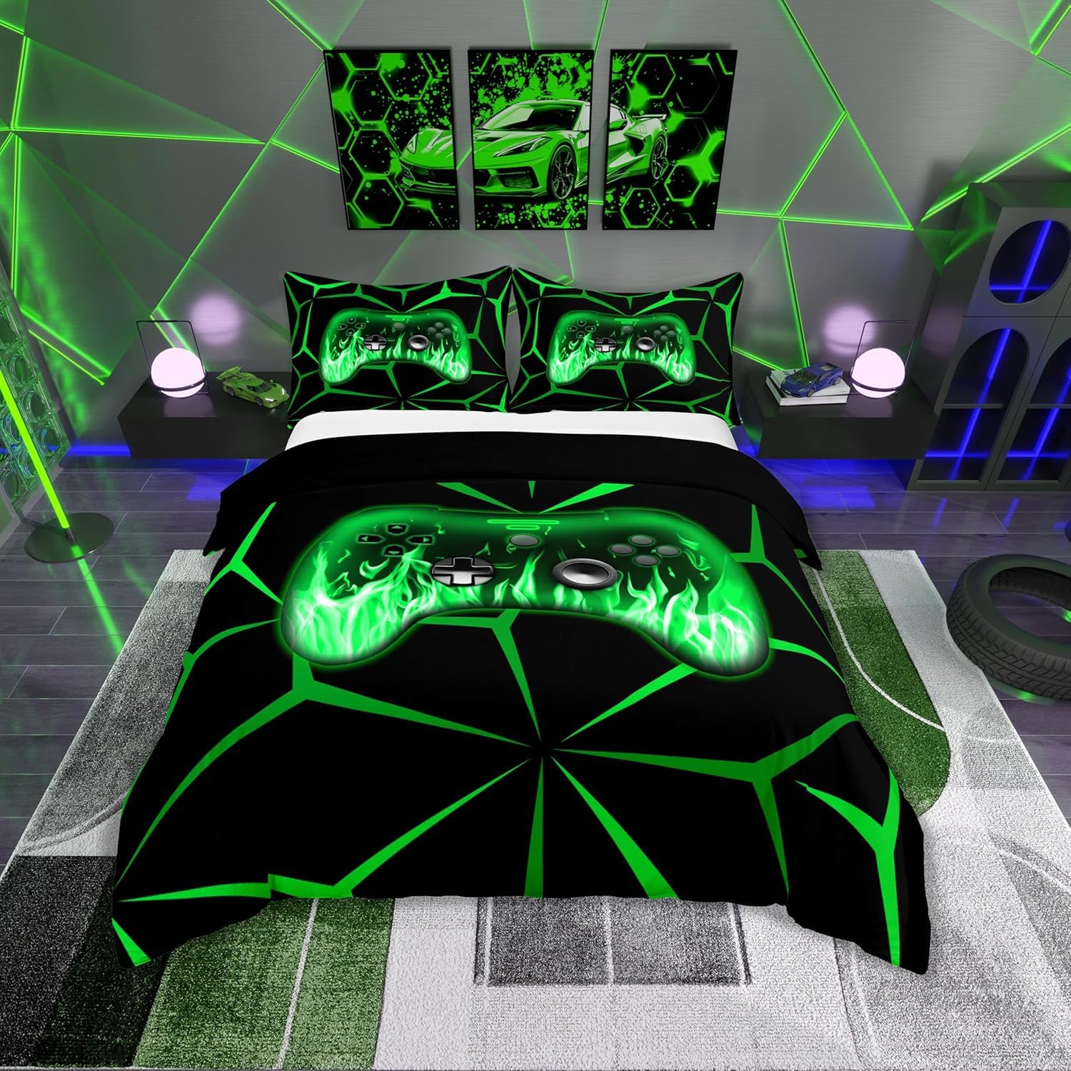 Homemissing Kids Gamer Duvet Cover Set,3D Video Gaming Bedding Set Single Size for Teens Boys,Green and Black Game Console Comforter Cover,Geometric Game Contoller Bedclothes