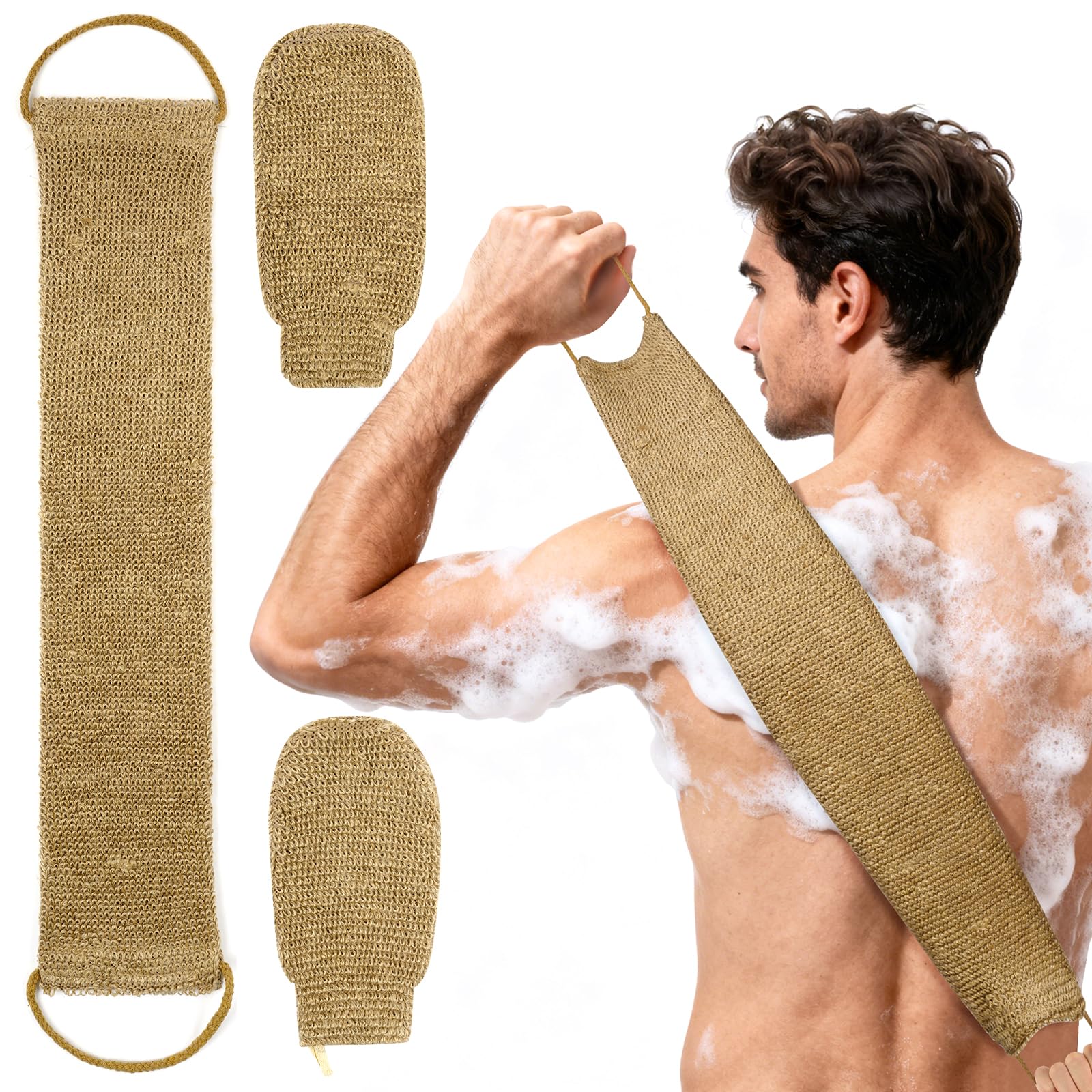 LOPHE Ensemble de Gommage Dorsal en Jute Comprenant Des Gants Exfoliants, Serviette Exfoliante Extra Longue, Sangle Exfoliante Naturelle pour le Dos, Gants de Bain pour Hommes et Femmes
