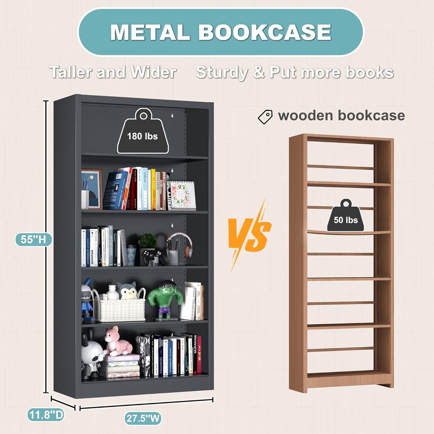 OSEILLC Bookcase,5 Tier Black Bookshelves,55" Tall Free Standing Metal Bookcase with Adjustable Storage Shelves, Wide Bookshelf for Bedroom Living Room Home Office School (Black)