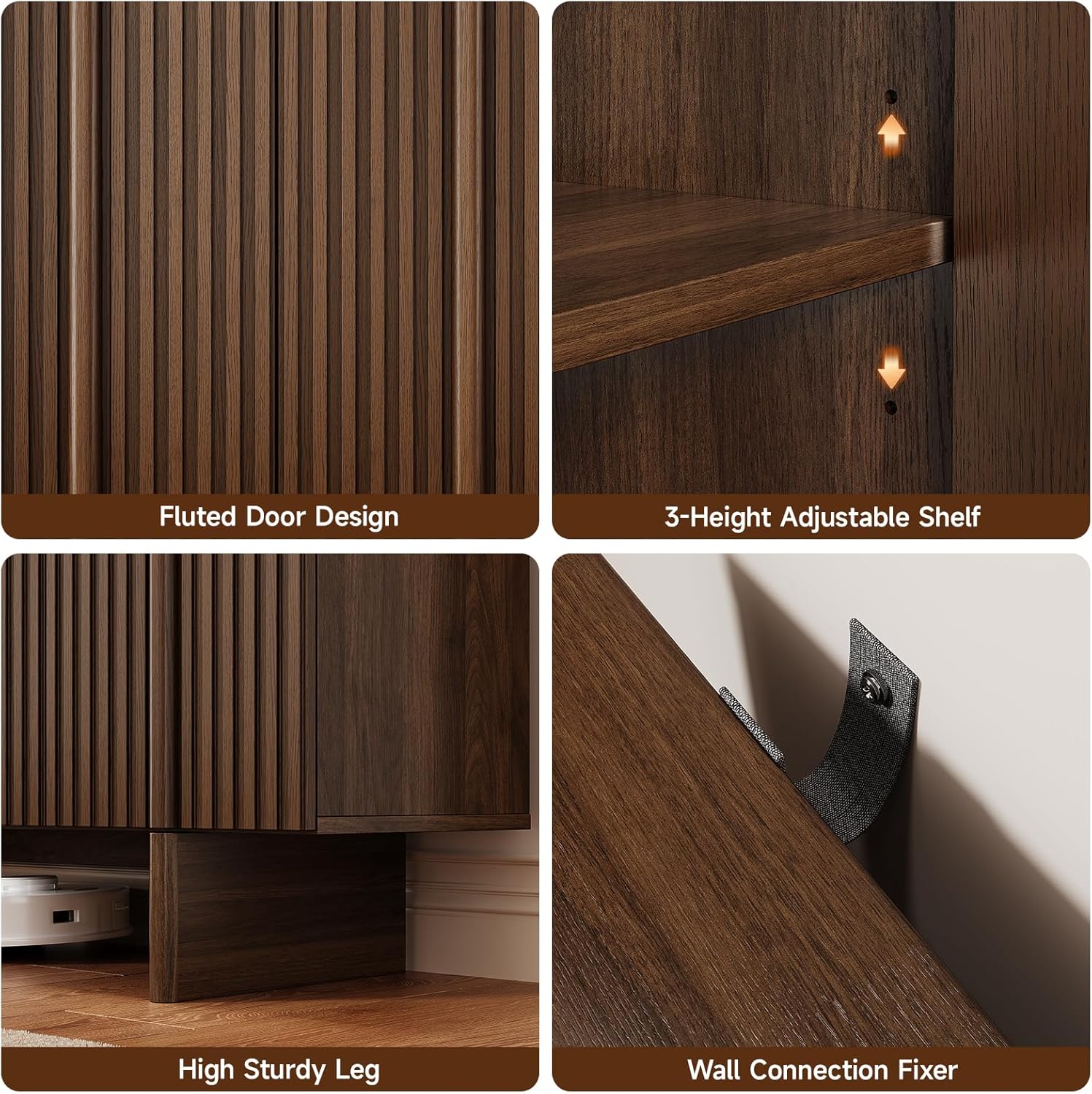 ONBRILL 63" Fluted Sideboard Buffet Cabinet with Storage, Large Sideboard Cabinet with Adjustable Shelves, Modern Credenza with 4 Doors, Kitchen Cabinets for Living Room, Entryway, Black - Image 7