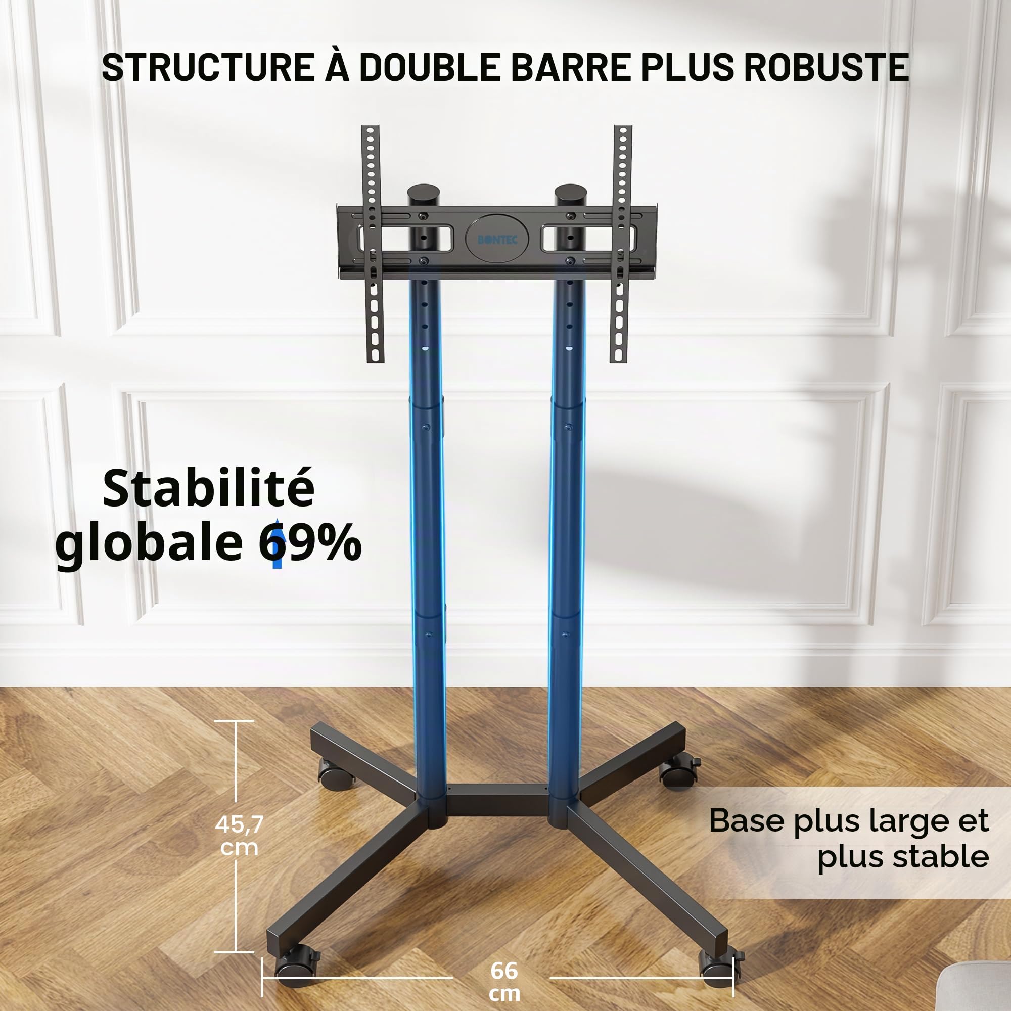 BONTEC Support TV sur Pied Universel, Pied télévision sur roulettes 32-70 Pouces, Hauteur réglable, Double Colonne Stable, roulettes verrouillables 360°, VESA 400x400, sans percer, Gestion câbles