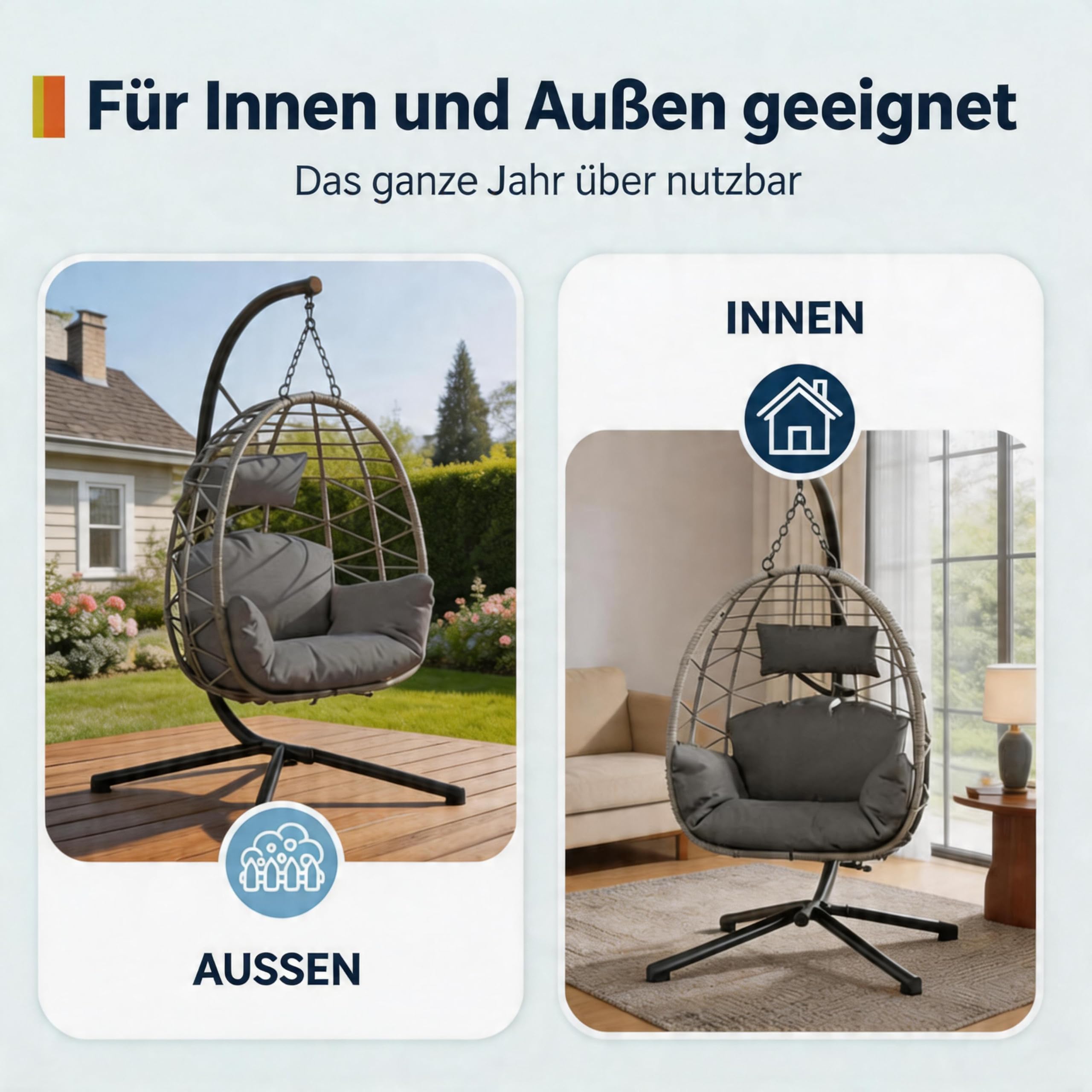 Hängesessel mit Gestell, Grau | Maximale Tragkraft 165 kg, Rattan Gestell, Dicke Kissen, Für Indoor Outdoor, Ideal für Wohnzimmer, Balkon und Garten
