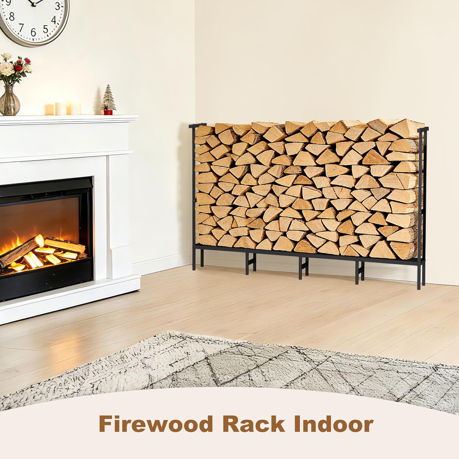 5.3Ft Firewood Rack Outdoor with Cover,Heavy-Duty Metal Indoor Wood Storage Rack,Firewood Holder for Fireplace,Fire Pit,Patio,Space Saving,Easy Assembly,Black